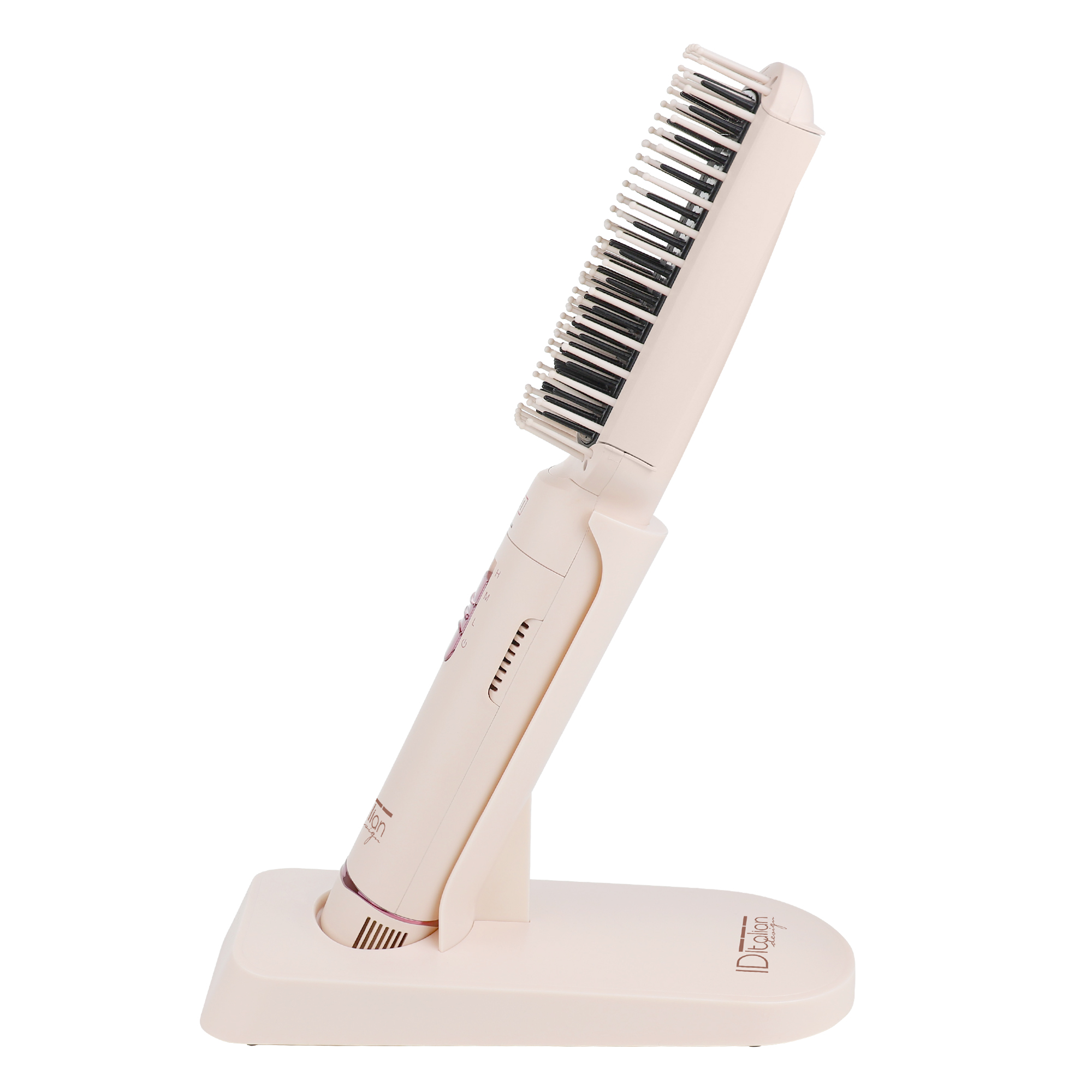 Eine beige Haarbürste mit schwarzen Borsten, die auf einem Ständer steht. Die Bürste ist nach oben abgewinkelt.