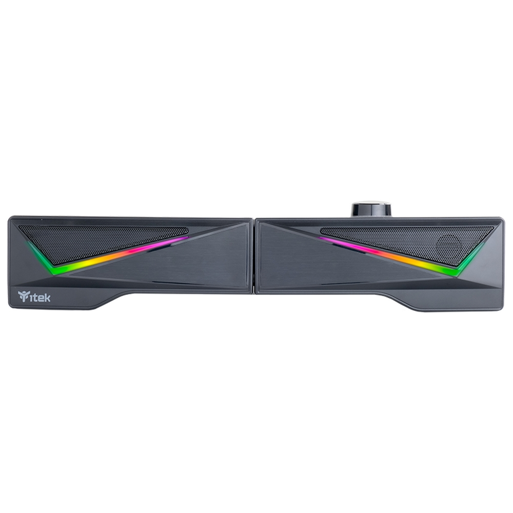 Un altoparlante grigio scuro con due parti, una manopola del volume. Ogni parte ha un altoparlante a rete con luci RGB. Il marchio 'itek' è visibile.