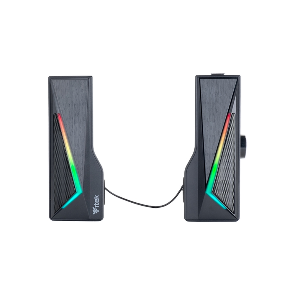 Due altoparlanti neri con luci a LED colorate. Sono collegati da un cavo nero. Lo sfondo è bianco.