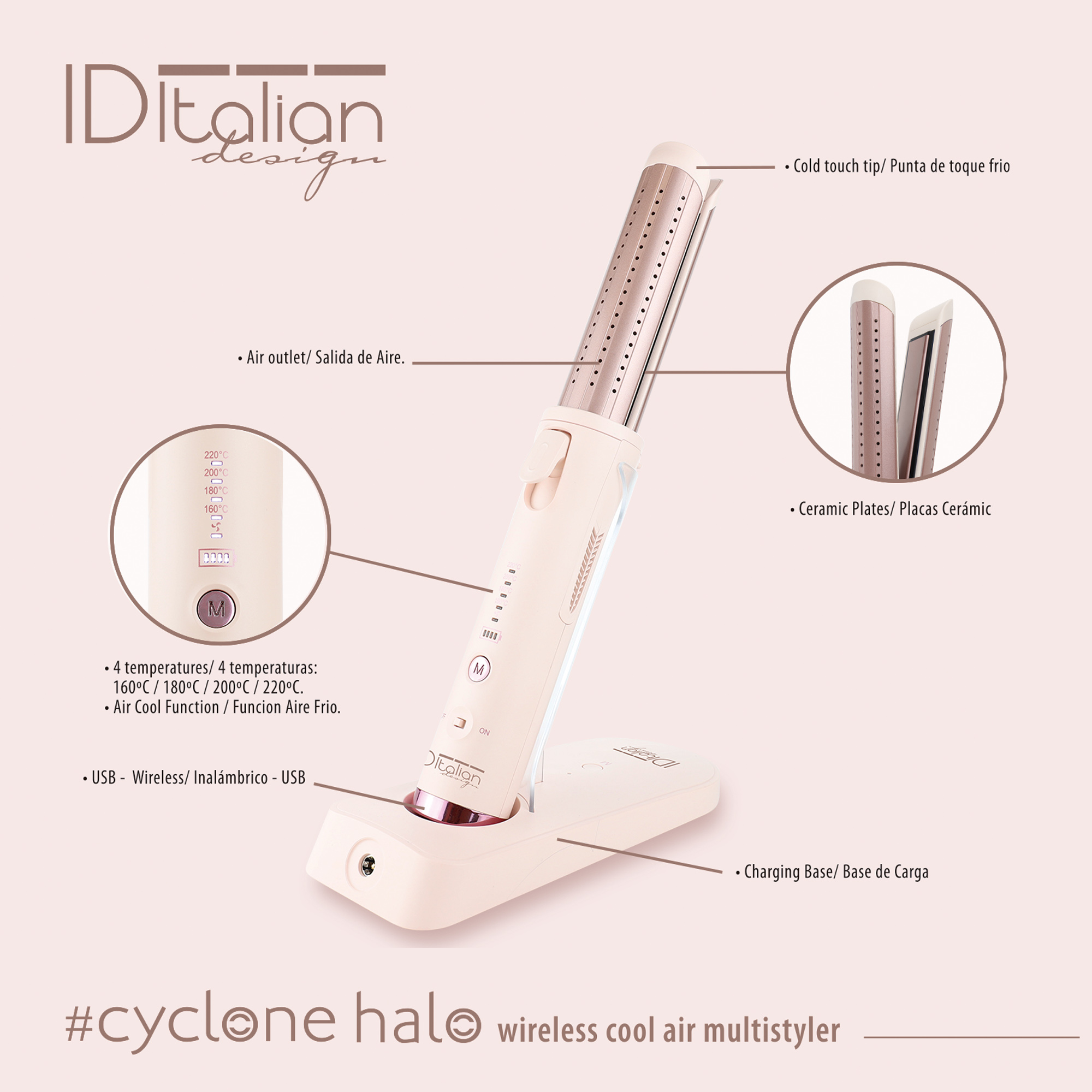 Biało-różowo-złota prostownica do włosów z podstawą ładującą, ustawieniami temperatury i funkcją chłodzenia powietrzem. Etykiety tekstowe są uwzględnione.