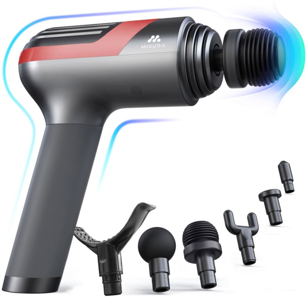 Szary i czerwony pistolet do masażu z różnymi czarnymi nasadkami. Pistolet jest oznaczony jako "MISURA". Tło jest białe.