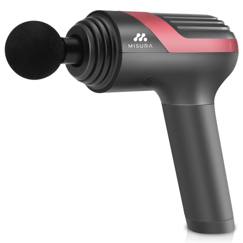 Czarny i szary pistolet do masażu Misura z czerwonym paskiem. Ma zaokrągloną głowicę i uchwyt, na białym tle.