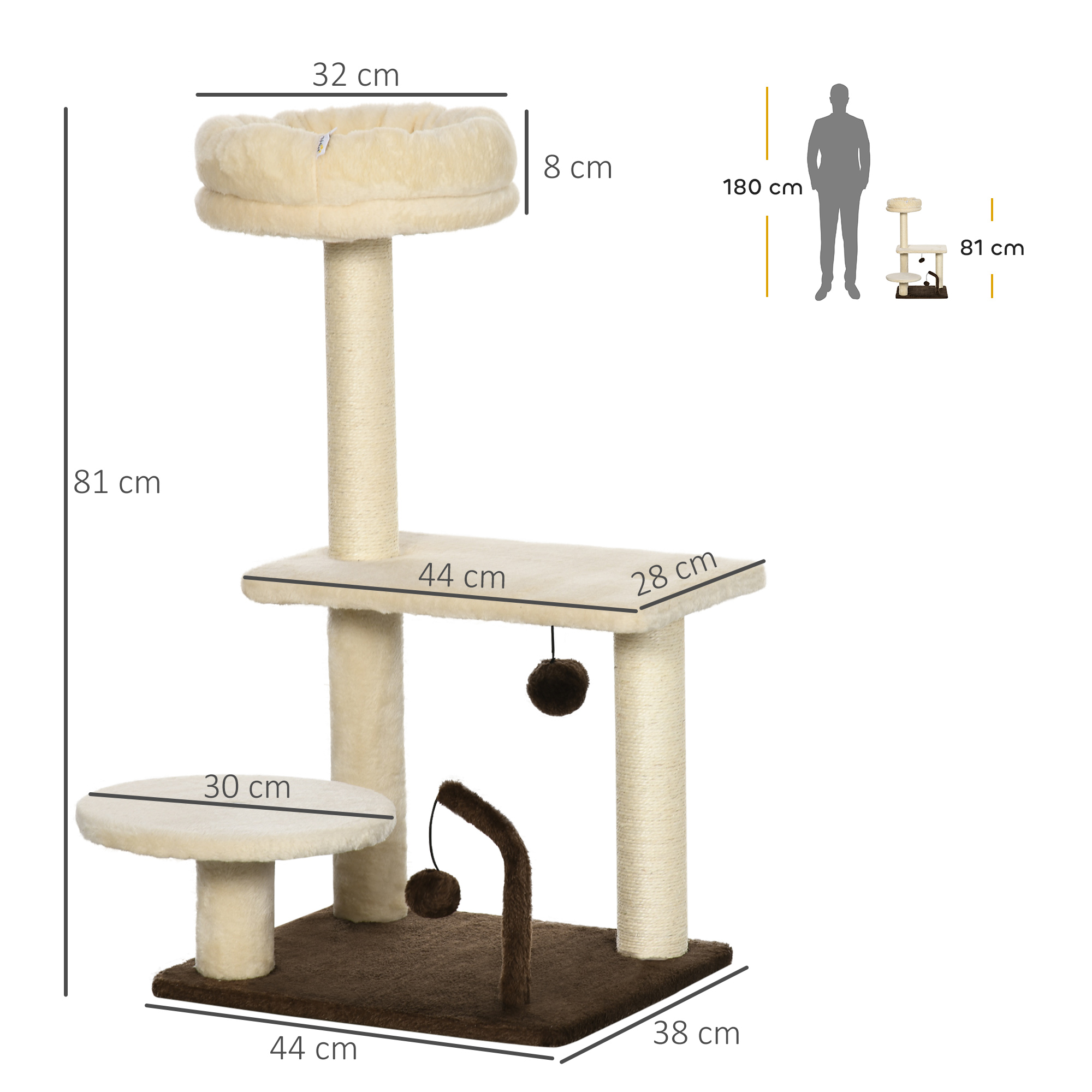 Un albero per gatti beige con più livelli e dimensioni etichettate. Una sagoma umana è vicina.