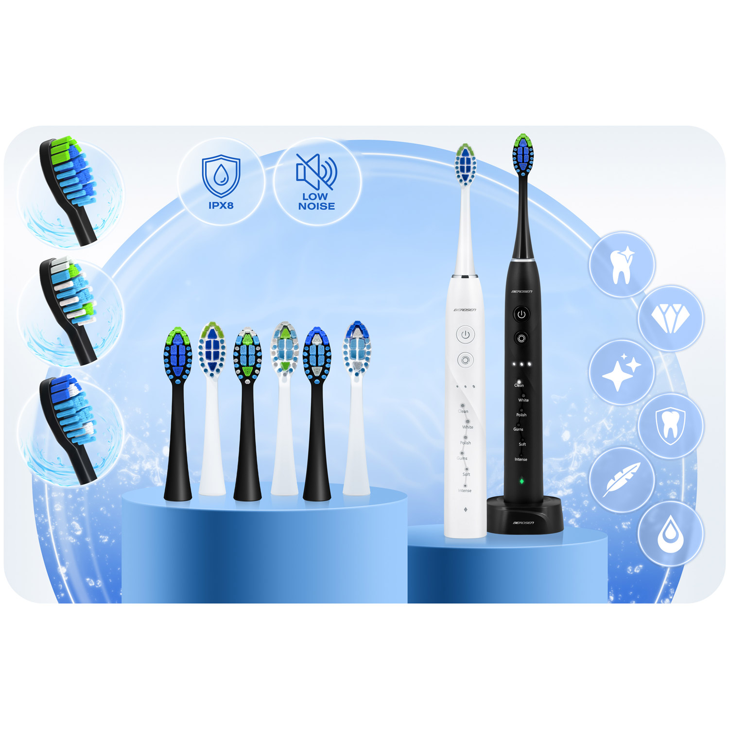 Szczoteczka elektryczna z wymiennymi główkami, w kolorze białym i czarnym, oraz stacja ładująca. Dodatkowe główki i ikony są również wyświetlane.
