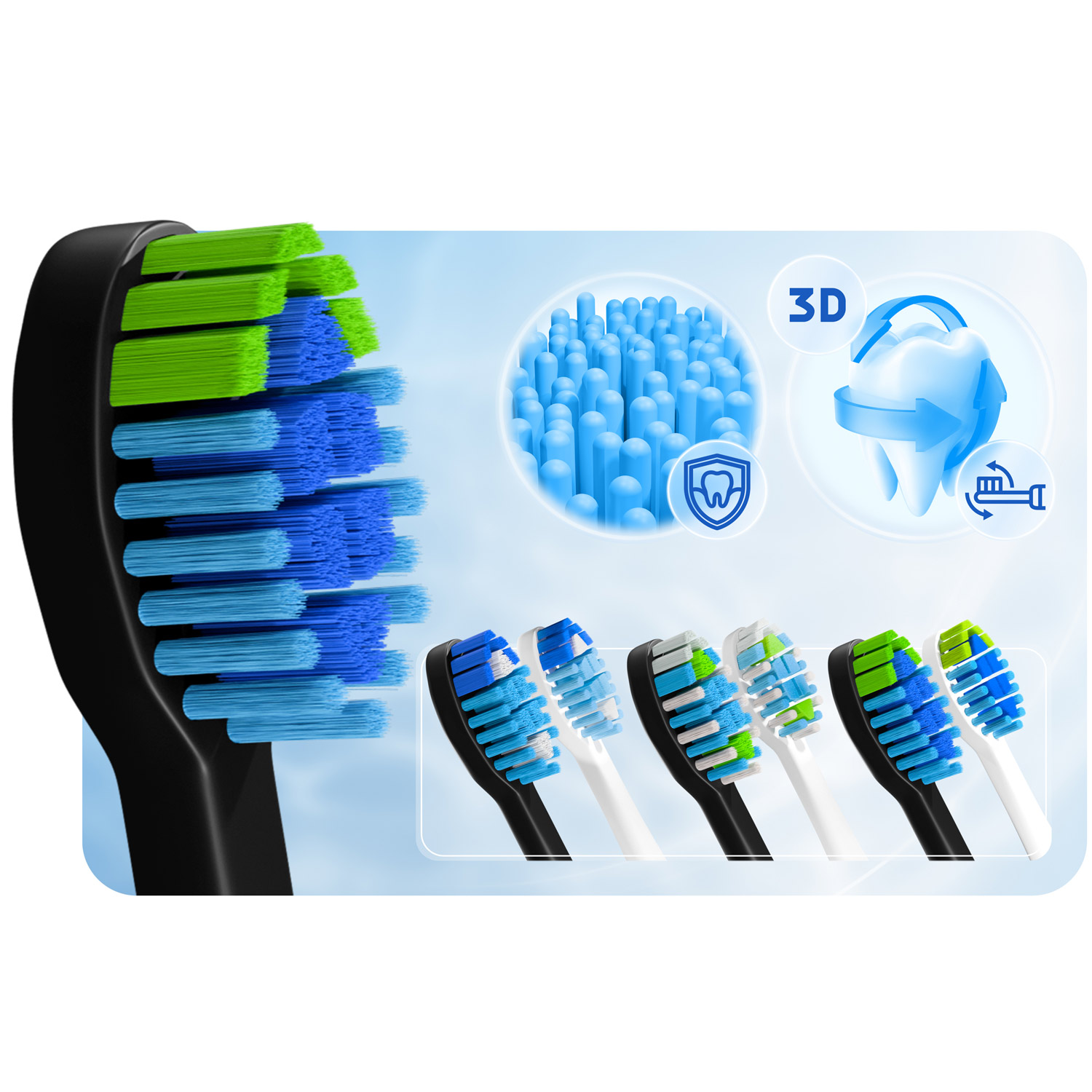 Pokazano głowicę szczoteczki elektrycznej z zielonym, niebieskim i czarnym włosiem. Ikony podkreślają czyszczenie 3D i ochronę zębów.