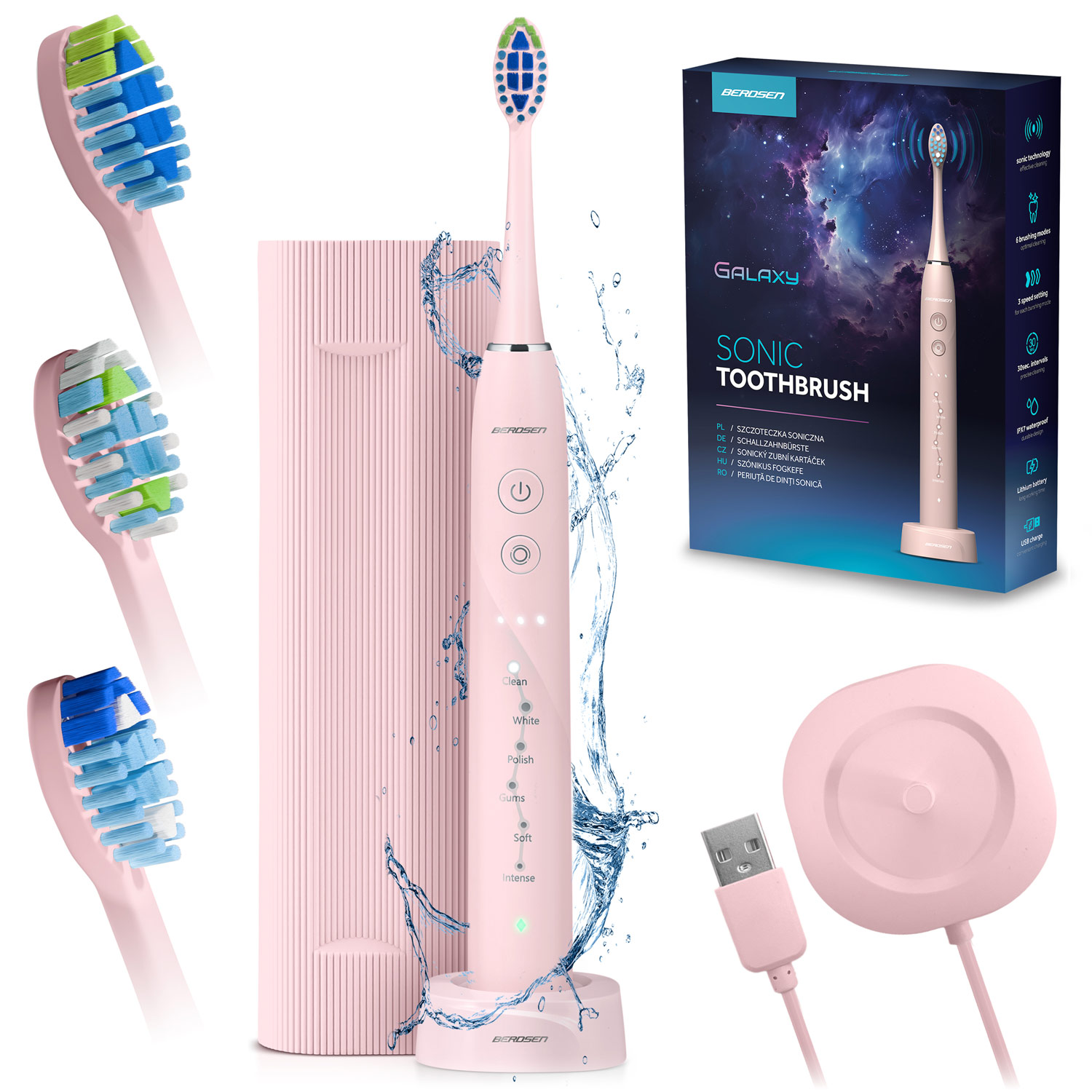 Różowa elektryczna szczoteczka do zębów z wieloma główkami, stacją ładującą i opakowaniem, z napisem 'GALAXY SONIC TOOTHBRUSH'.