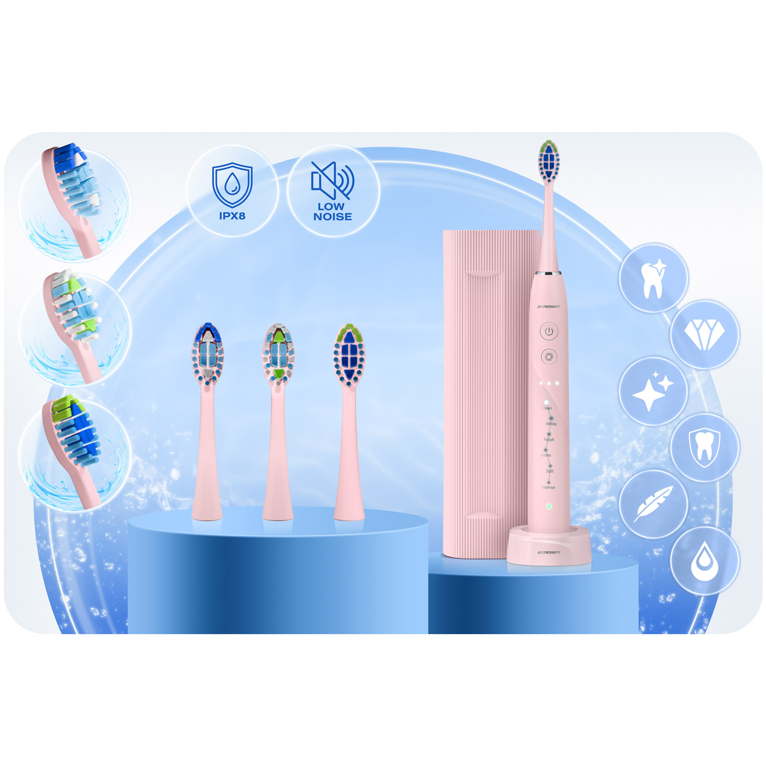 Różowa elektryczna szczoteczka do zębów z główkami. Posiada IPX8, niski poziom hałasu i tryby czyszczenia. Chlapanie wody w tle.