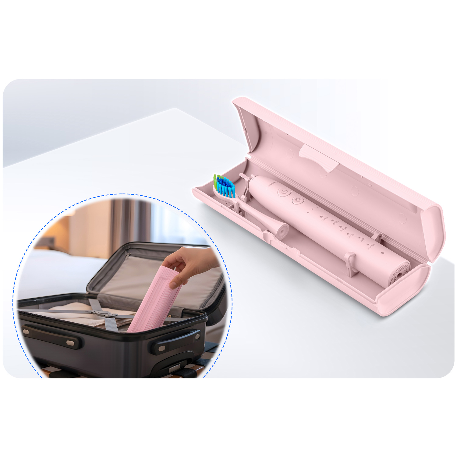 Różowa elektryczna szczoteczka do zębów w etui i dłoń wkładająca różowy przedmiot do walizki.