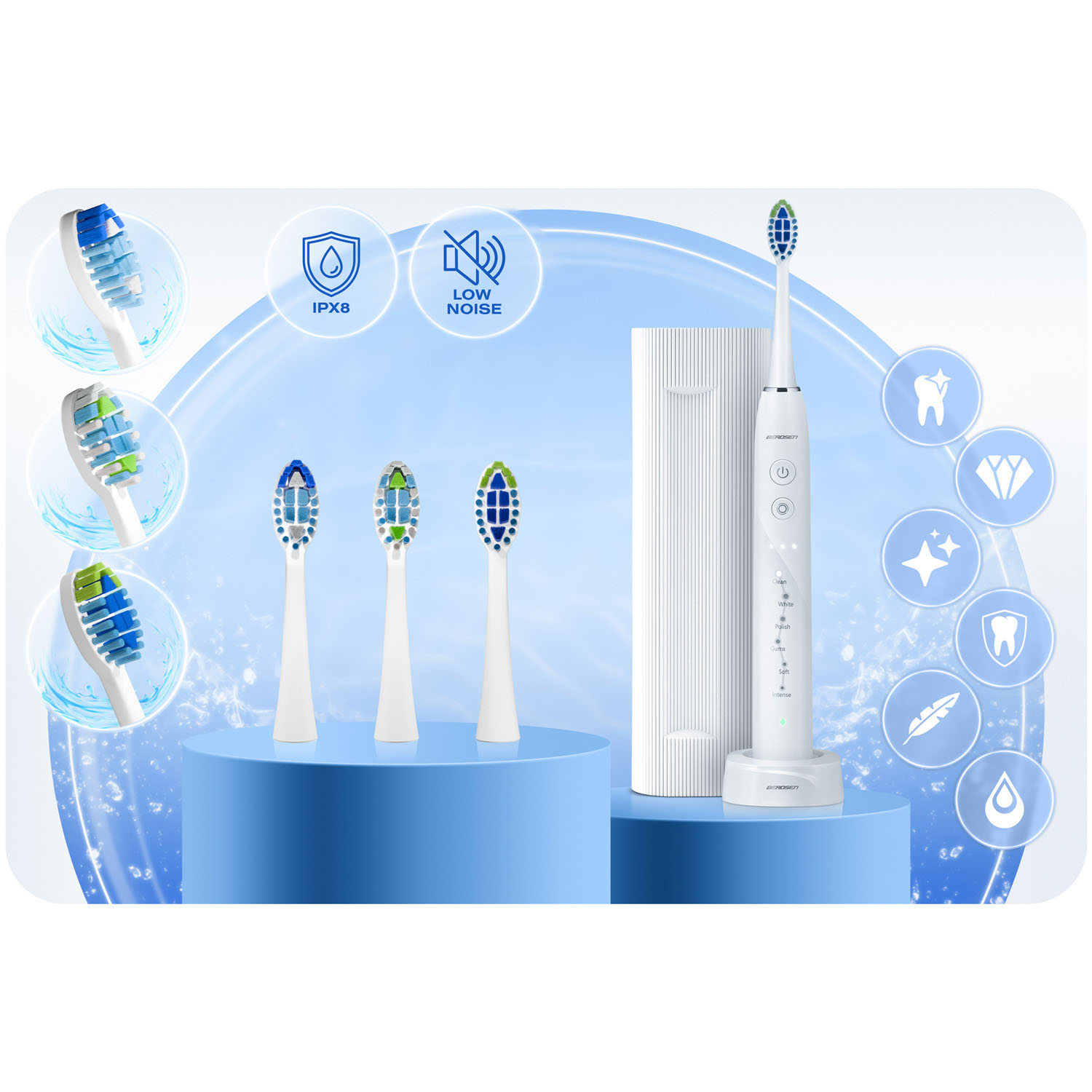 Elektryczna szczoteczka do zębów z różnymi główkami i stacją ładującą. Posiada funkcje takie jak IPX8 i niski poziom hałasu.