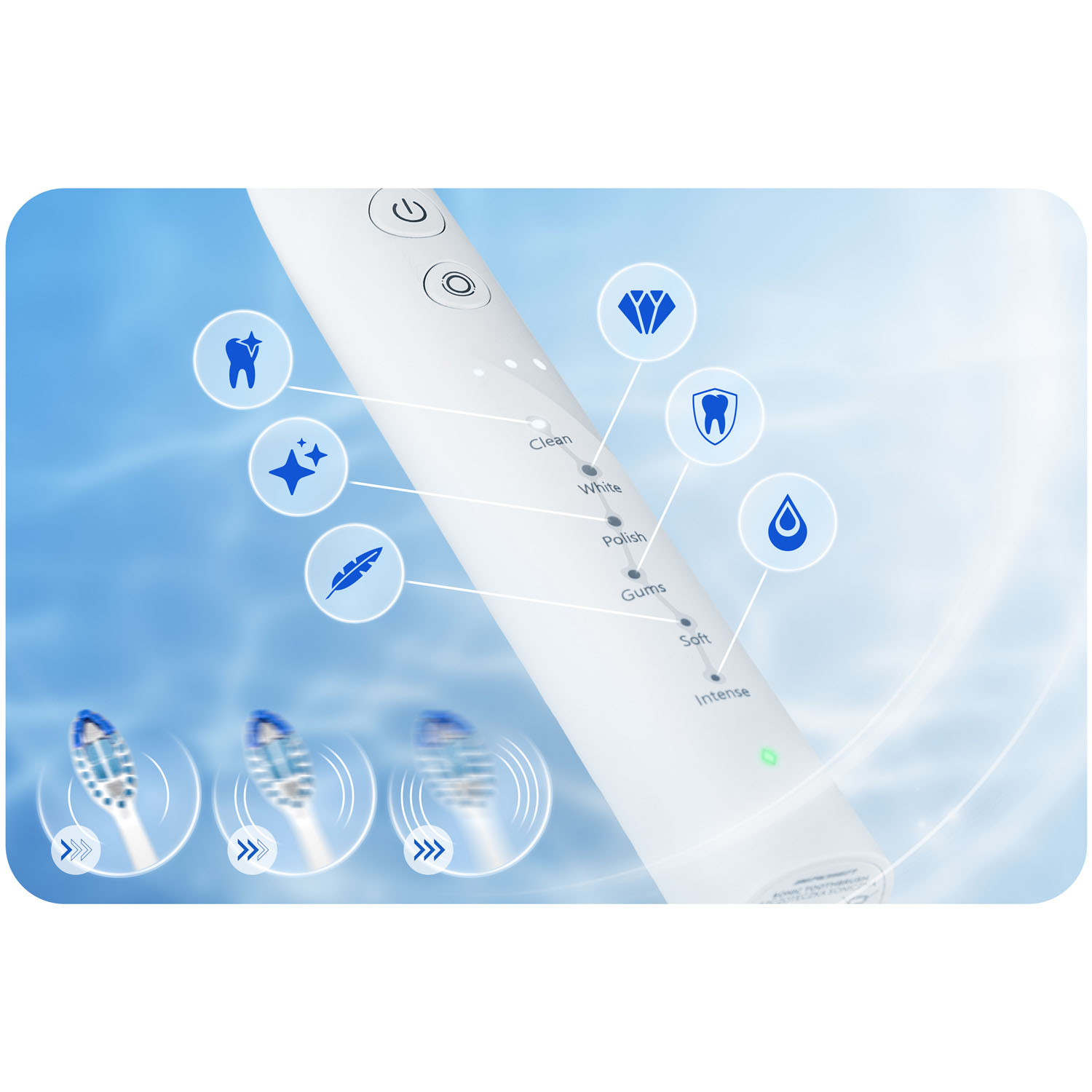 Szczoteczka elektryczna z ikonami ustawień. Widoczne są trzy głowice szczoteczki, sugerujące różne tryby czyszczenia.