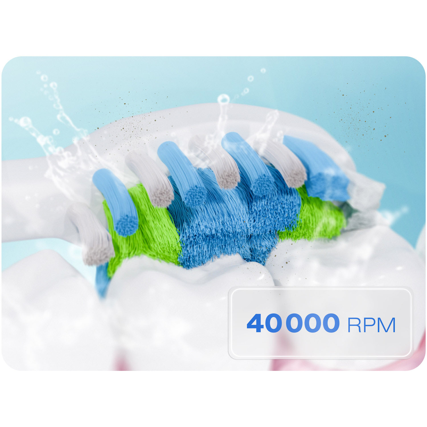 Zbliżenie główki szczoteczki do zębów z niebieskim, zielonym i szarym włosiem, pokazujące rozpryski wody. Znak mówi '40000 RPM'.