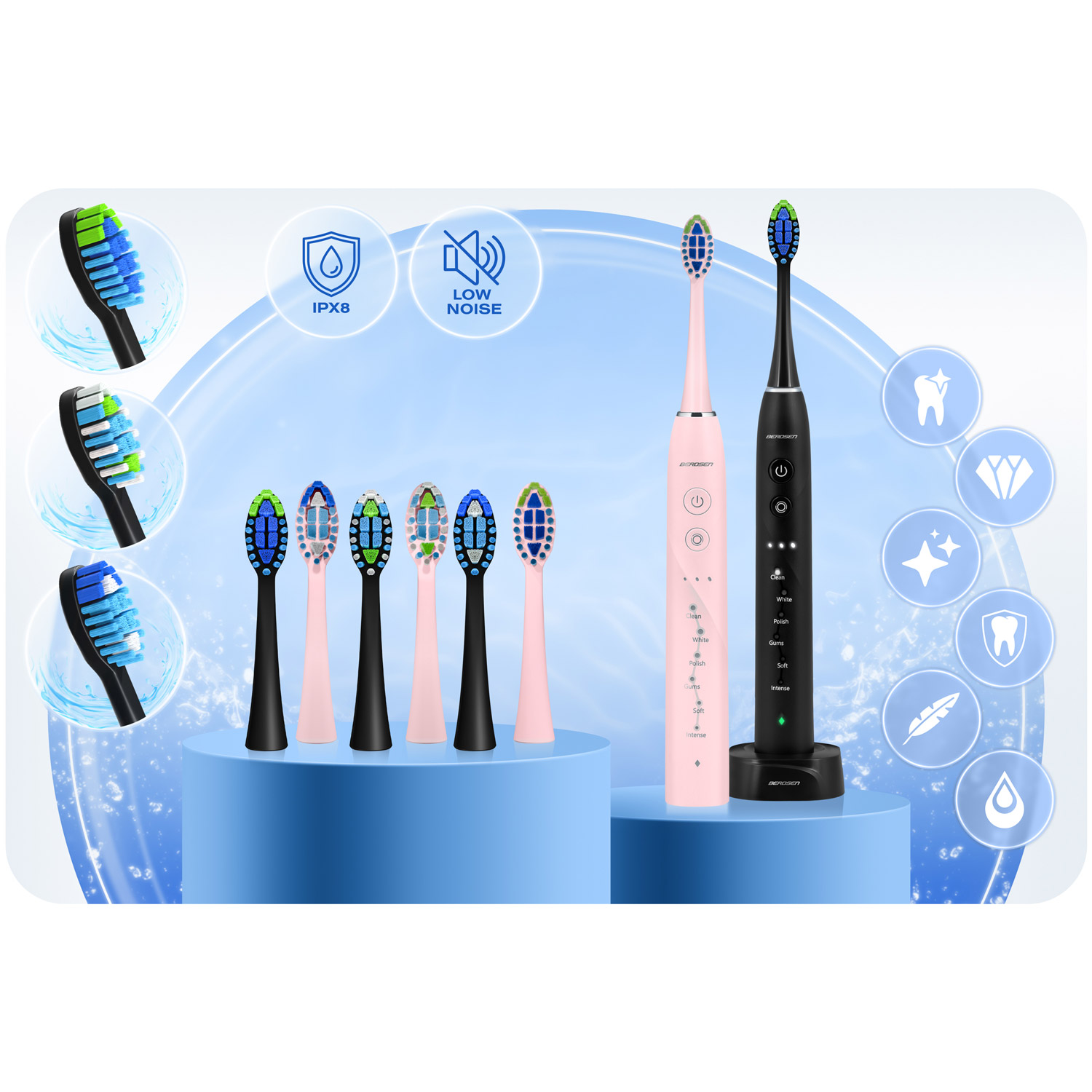 Elektryczna szczoteczka do zębów z wymiennymi końcówkami, z różowymi i czarnymi uchwytami oraz ikonami takimi jak IPX8 i niski poziom hałasu.