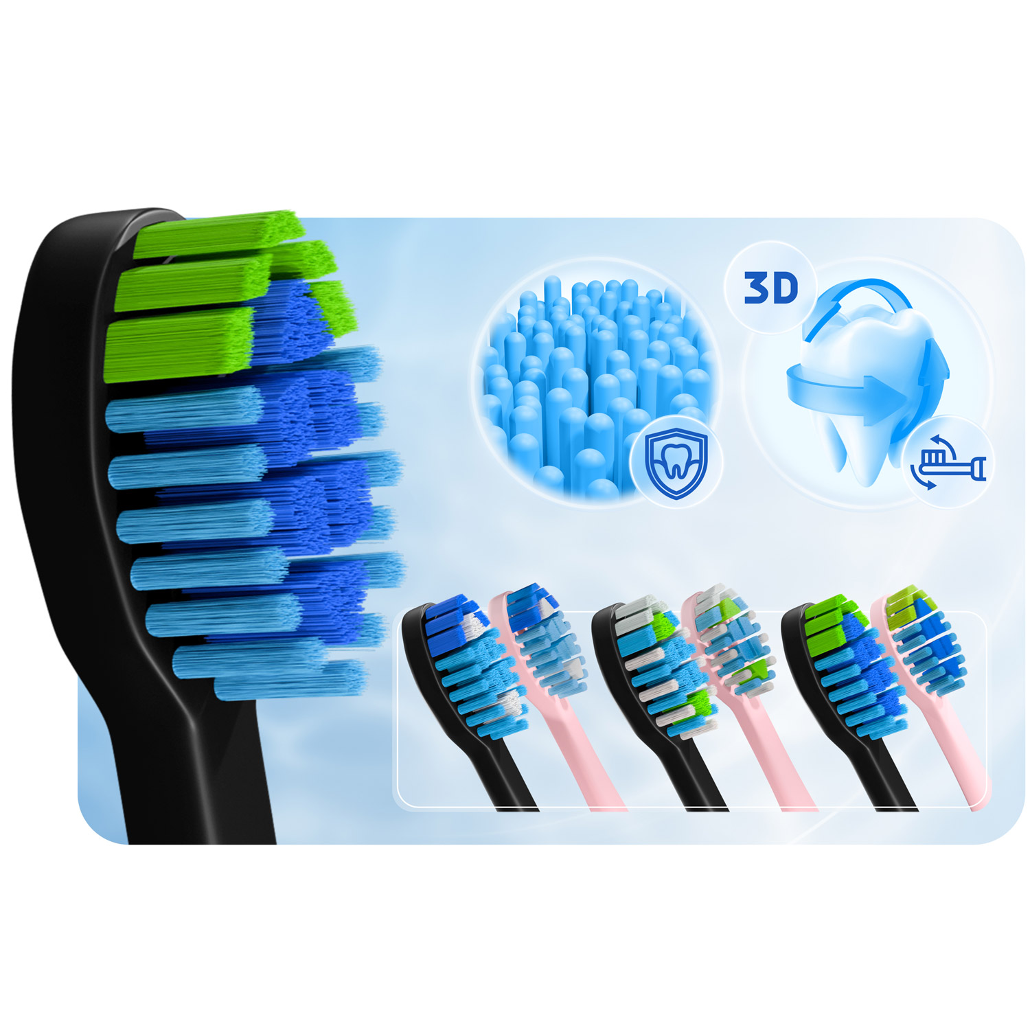 Obraz przedstawia szczoteczkę do zębów z czarnym uchwytem i zielonymi, niebieskimi włosiem. Dodatkowe szczoteczki do zębów w różnych kolorach i ikony 3D.
