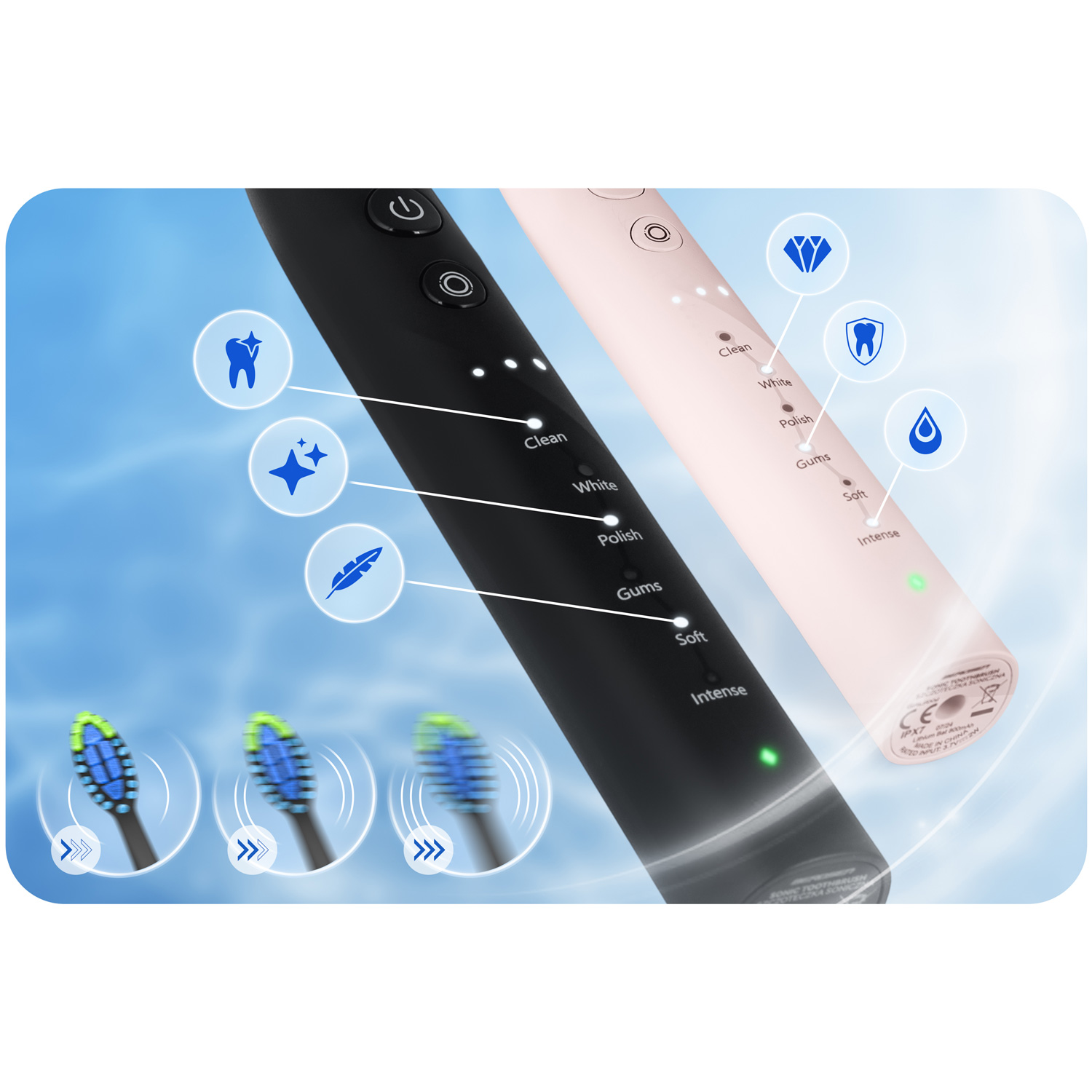 Dwie elektryczne szczoteczki do zębów, czarna i różowa, z ikonami trybów czyszczenia. Trzy głowice szczoteczki pokazano na dole. Tło niebieskiego nieba.