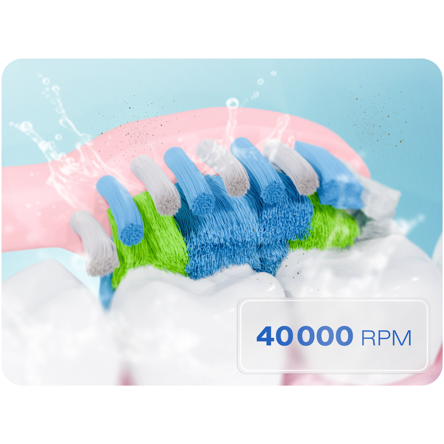 Główka szczoteczki do zębów z niebieskim, zielonym i białym włosiem czyszcząca białe zęby. Woda chlapie. Tekst brzmi 40000 RPM.