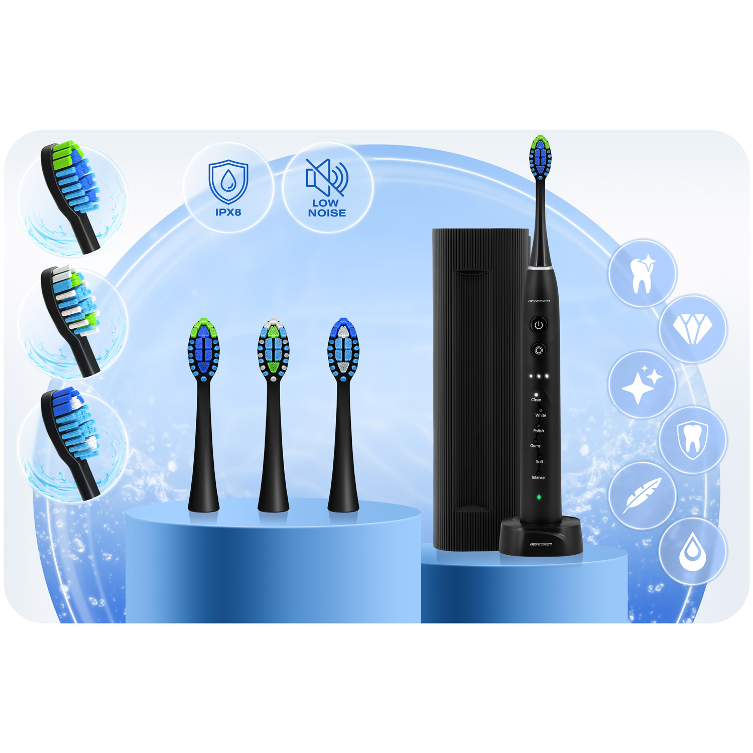 Elektryczna szczoteczka do zębów z dodatkowymi główkami, stacją ładującą i ikonami. Szczoteczka jest czarna z zielonym i niebieskim włosiem.
