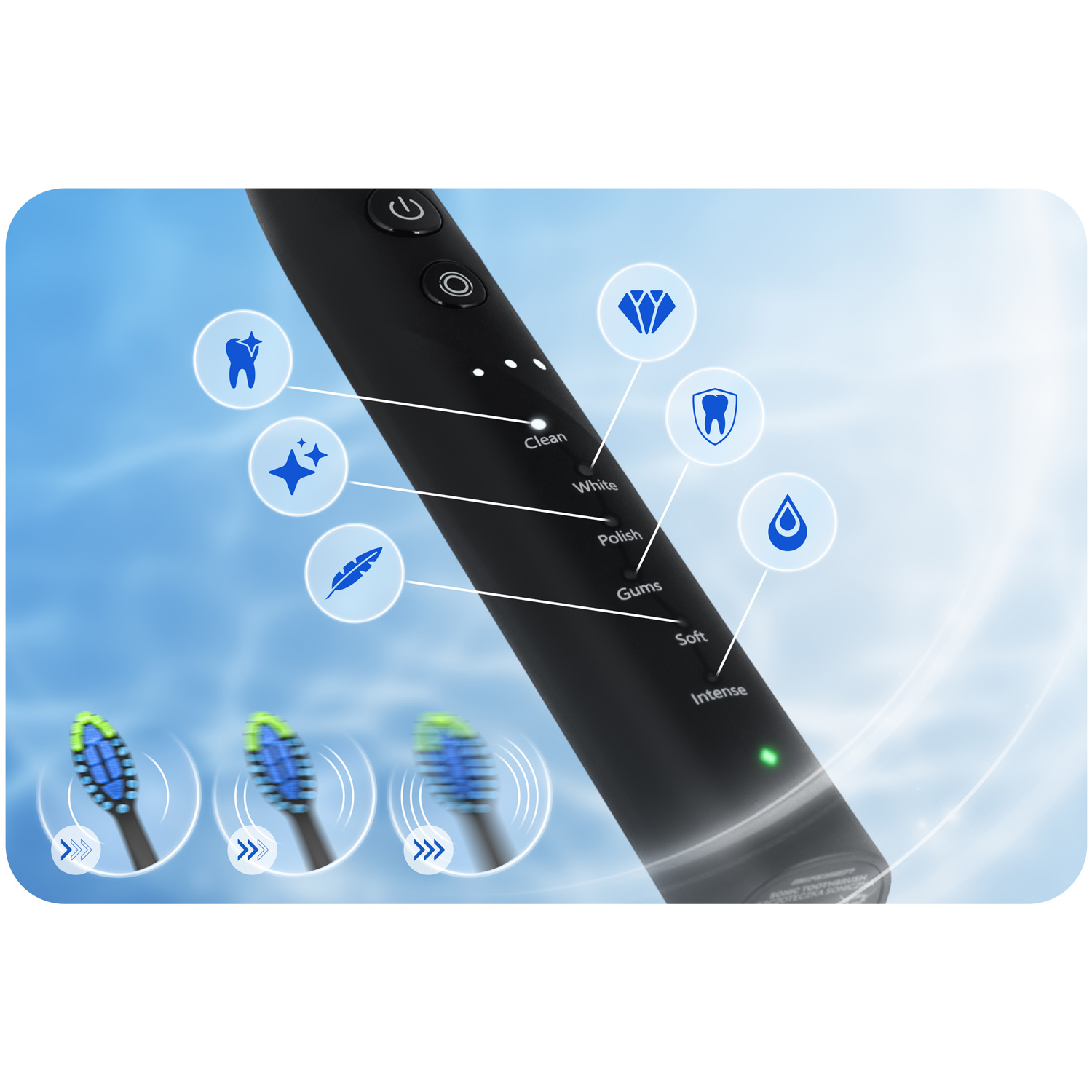 Czarna elektryczna szczoteczka do zębów z trybami takimi jak czyszczenie i wybielanie. Pokazano trzy głowice szczoteczki. Obecne są ikony zębów i wody.