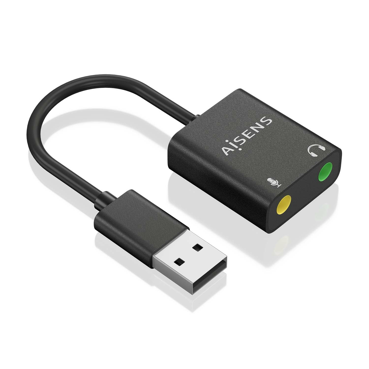 Un adaptador de audio USB negro con conector USB, una caja negra con "AiSENS" y conectores de audio.