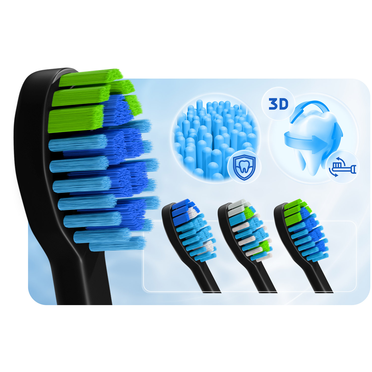Obraz przedstawia różne głowice szczoteczek do zębów z niebieskim, zielonym i białym włosiem. Ikony przedstawiają czyszczenie 3D, ochronę i szczoteczkę do zębów.