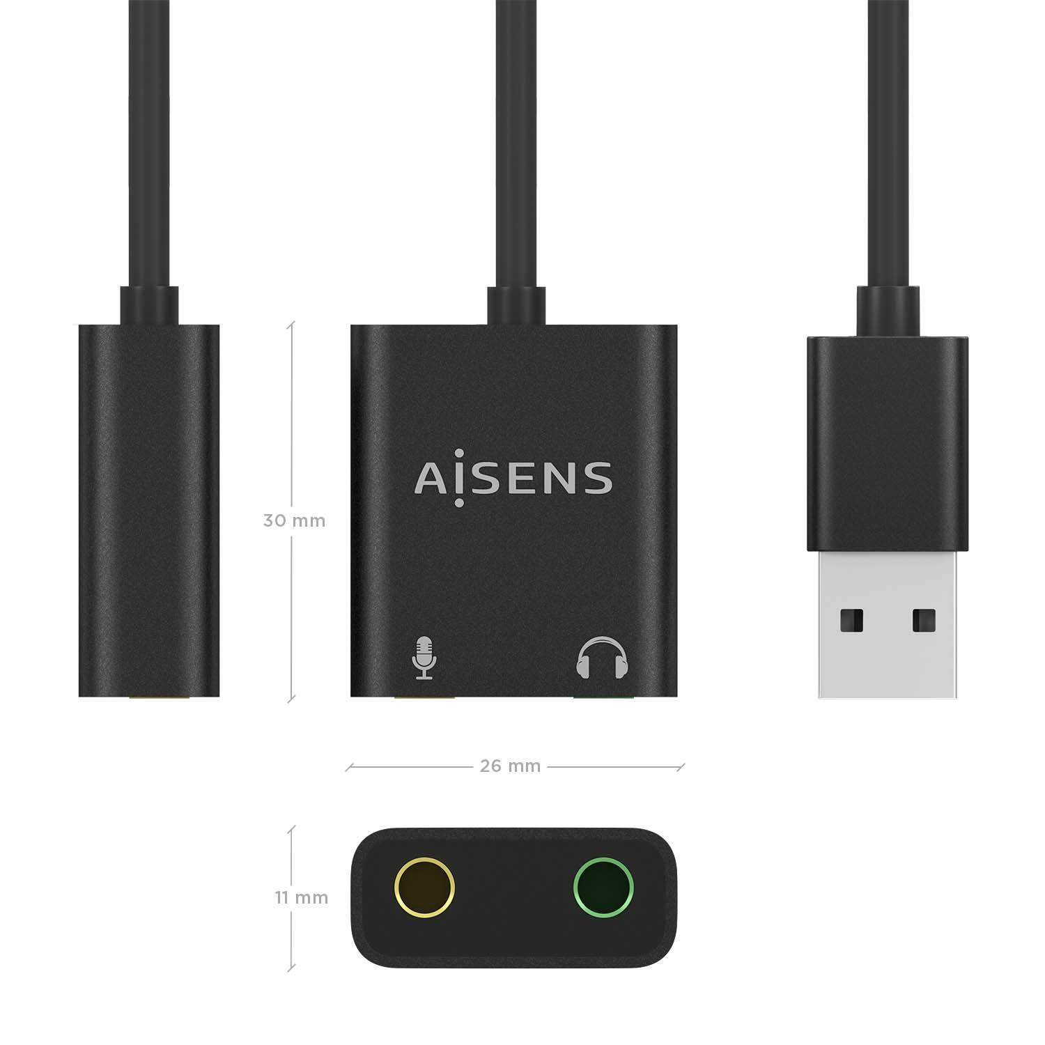 Adaptador de audio negro con USB, micrófono y conectores para auriculares. Las dimensiones están etiquetadas. La marca es AiSens.