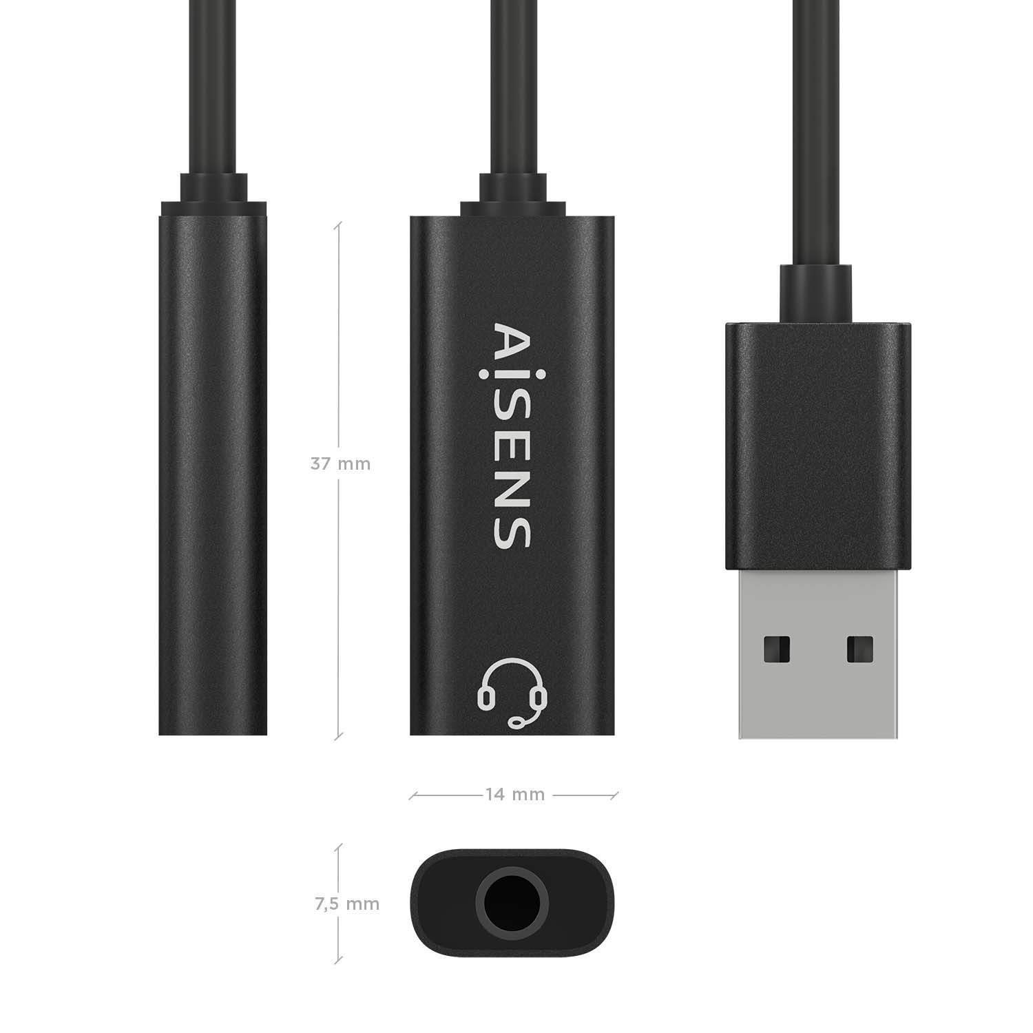 Adaptador de audio negro con USB y conector de 3,5 mm. Marcado con AiSens y símbolo de auriculares, con indicaciones de tamaño.
