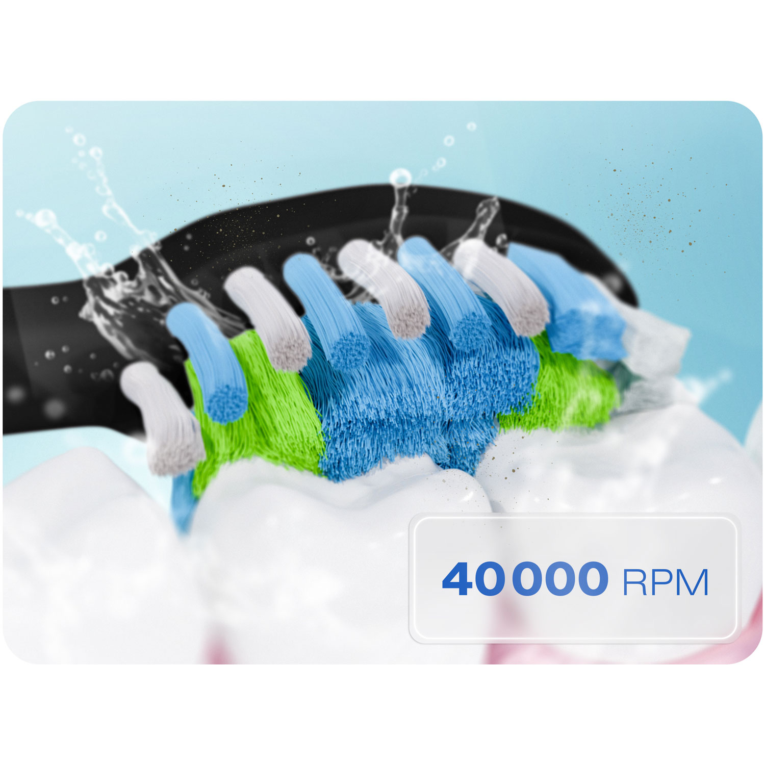 Elektryczna szczoteczka do zębów czyszcząca zęby. Niebieskie, zielone i białe włosie. Widoczny tekst 40000 RPM.