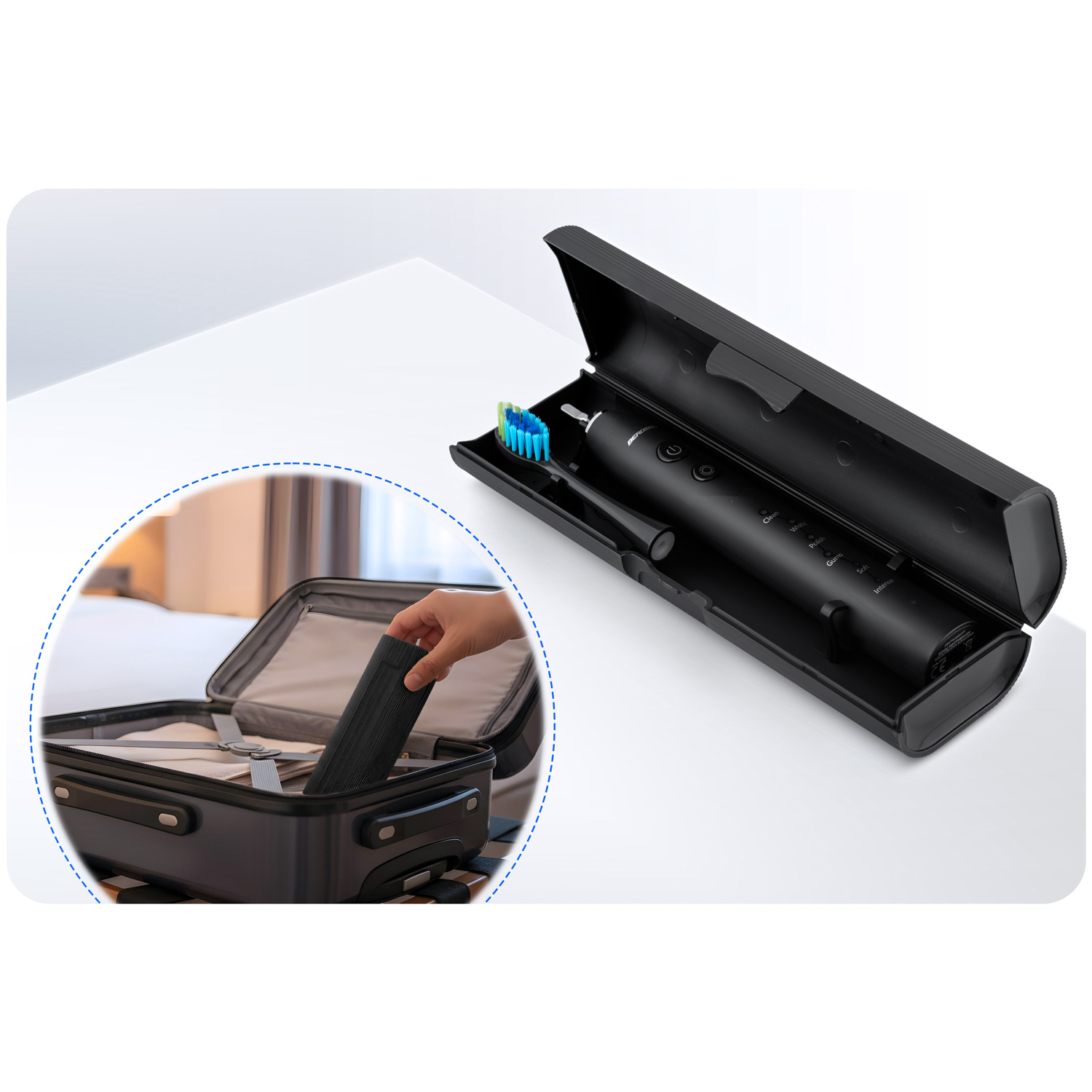 Czarna elektryczna szczoteczka do zębów w etui i osoba pakująca czarny przedmiot do walizki.
