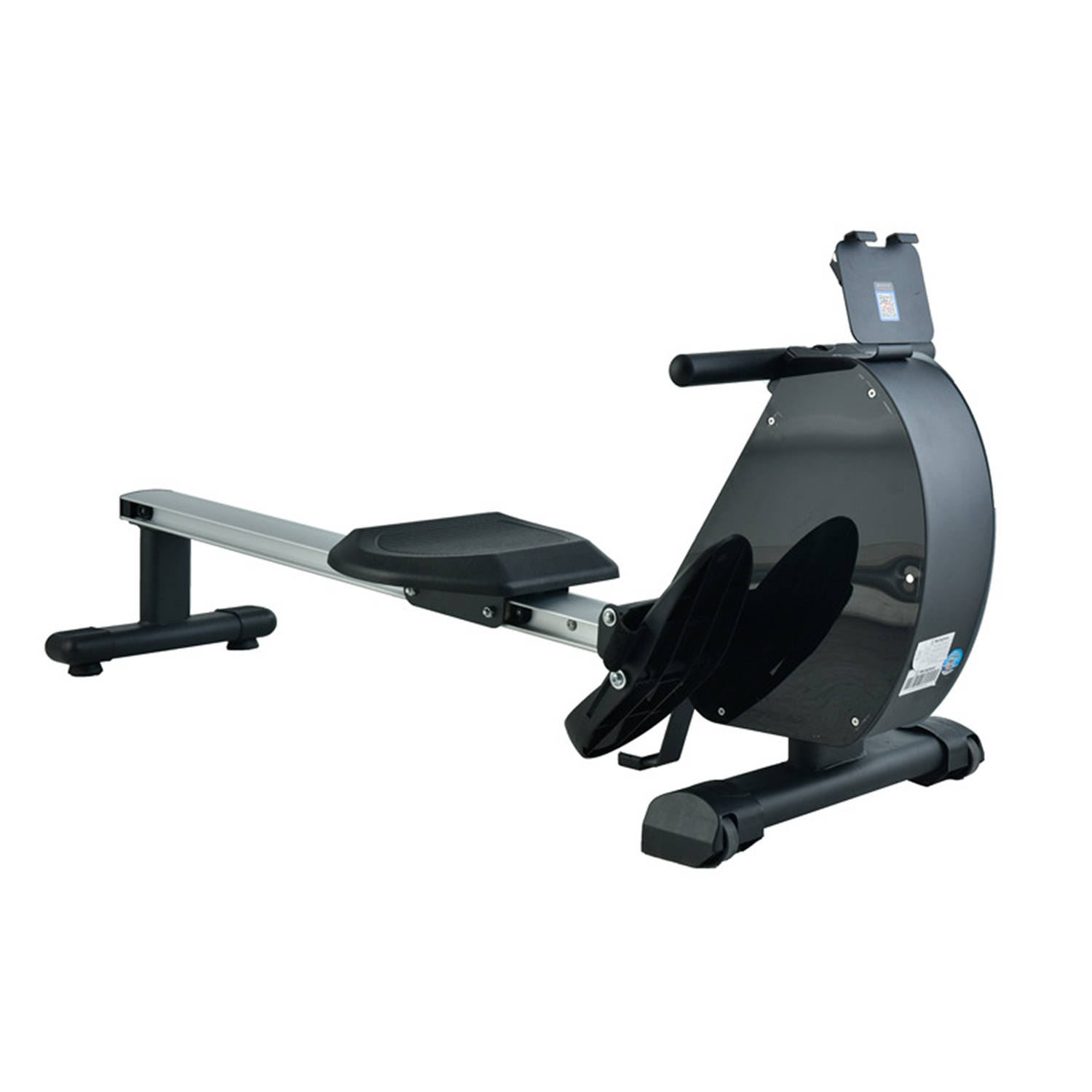 A black and silver rowing machine. It has a seat, footrests, and a digital display. The background is white.