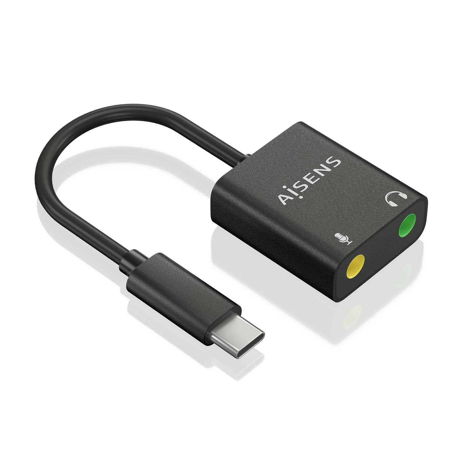 Adaptador de audio negro con conector USB-C. Tiene puertos para micrófono y auriculares. La marca es AiSENS.