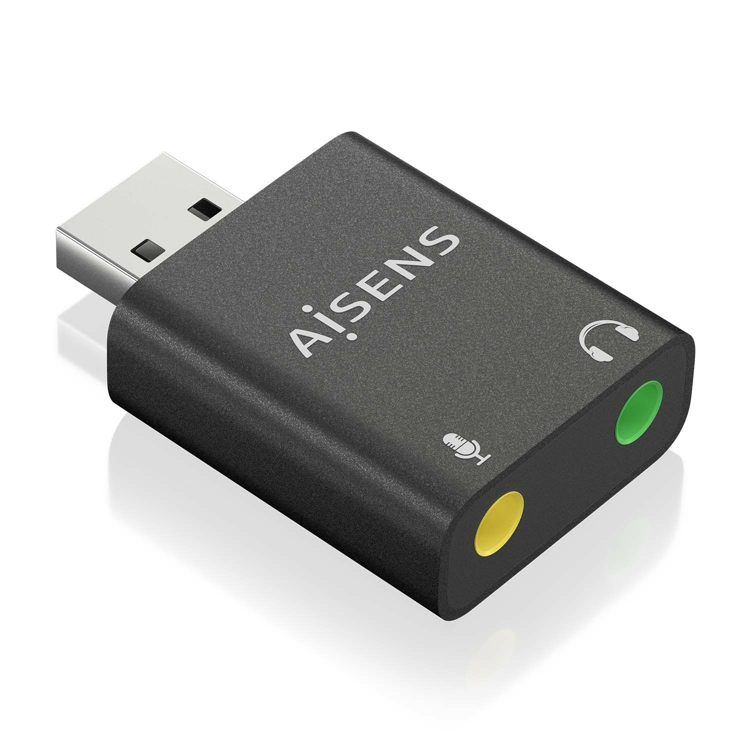 Un adaptador de audio USB AISENS negro. Tiene un conector USB y dos conectores de 3,5 mm, uno verde para auriculares y otro amarillo para micrófono.