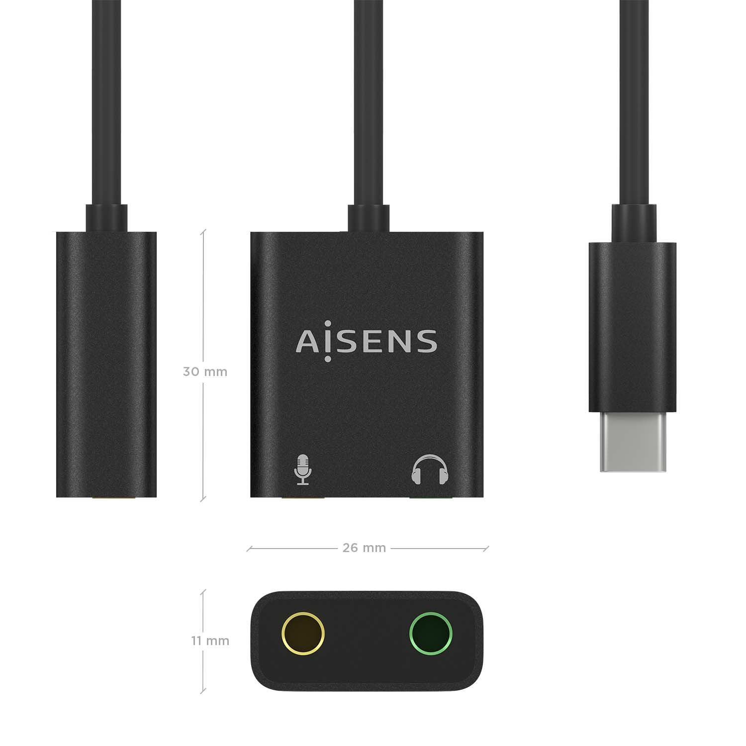 Adaptador de audio negro con dimensiones. Incluye conectores de micrófono y auriculares, y un conector USB-C.