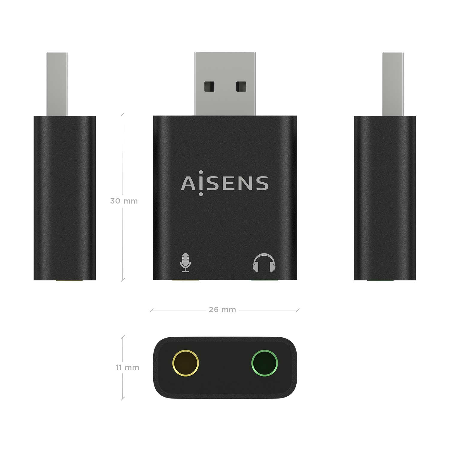 Adaptador de audio negro con USB, micrófono y conectores para auriculares. Dimensiones etiquetadas. La marca es AiSens.