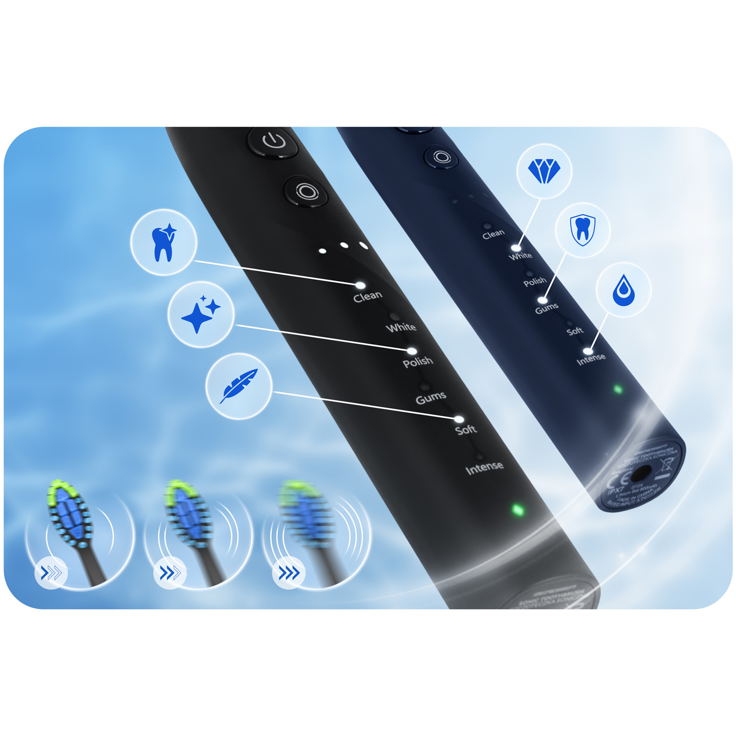 Dwie czarne i niebieskie elektryczne szczoteczki do zębów z różnymi trybami czyszczenia, trzema główkami i ikonami.