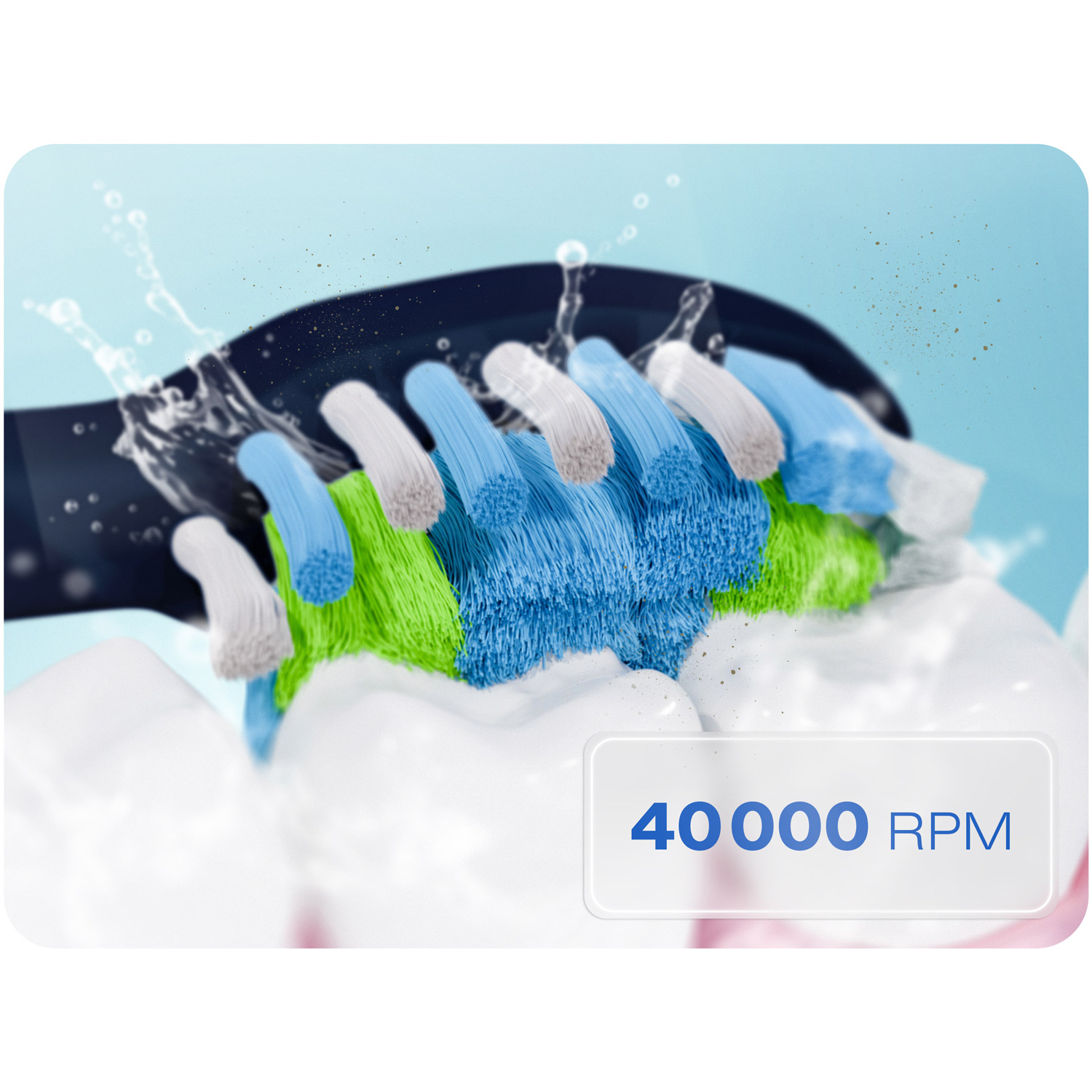 Elektryczna szczoteczka do zębów czyści zęby. Główki szczoteczki są niebieskie, zielone i białe. Woda chlapię. Tekst brzmi '40000 RPM'.