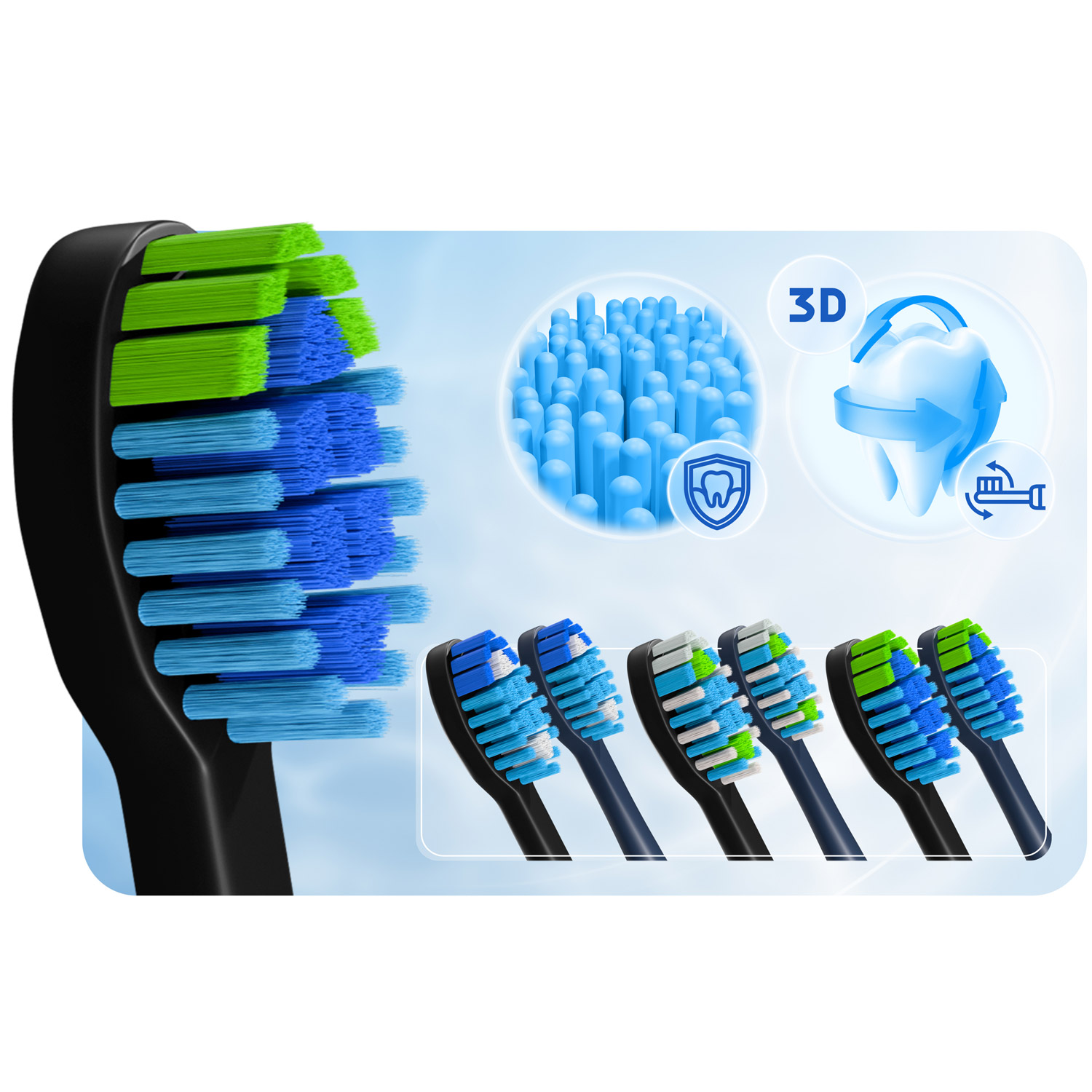 Obraz przedstawia główkę szczoteczki do zębów z zielonym, niebieskim włosiem i czarnym uchwytem. Wyświetlane są dodatkowe główki szczoteczki do zębów.
