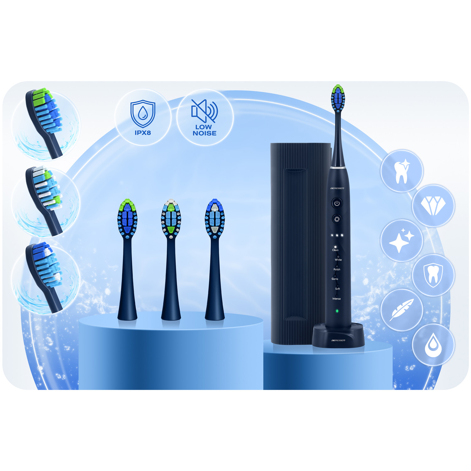 Szczoteczka elektryczna, wymienne końcówki i ładowarka na niebieskim stojaku. Różne ikony i krople wody.