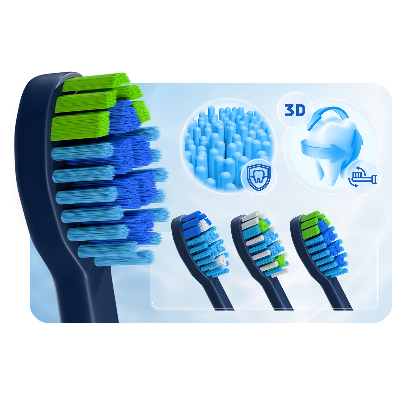 Obraz przedstawia główkę szczoteczki do zębów z zielonymi, niebieskimi włosiem. Poniżej znajdują się trzy kolejne główki. Są ikony 3D i zęba.