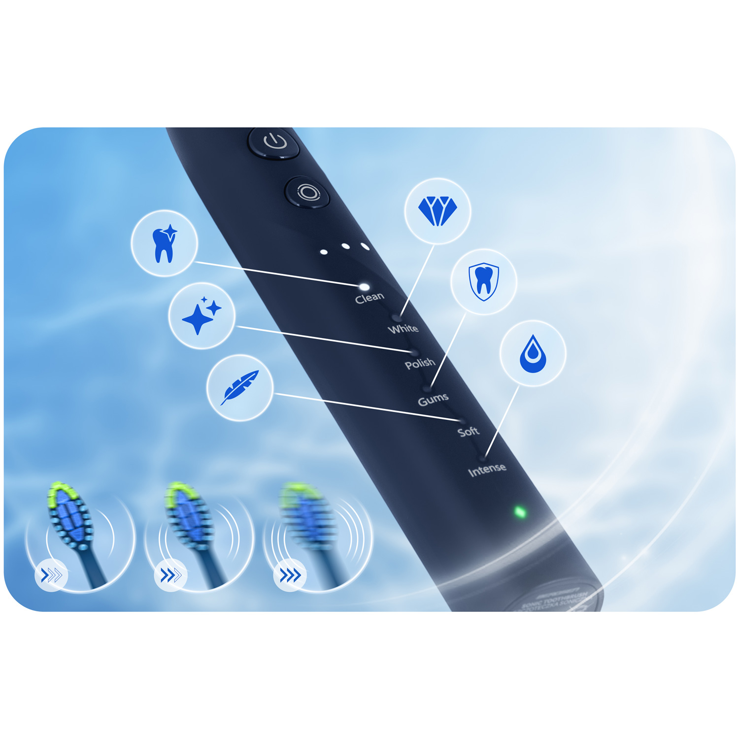 Zbliżenie czarnej elektrycznej szczoteczki do zębów z trzema główkami i ikonami trybów czyszczenia na tle błękitnego nieba.