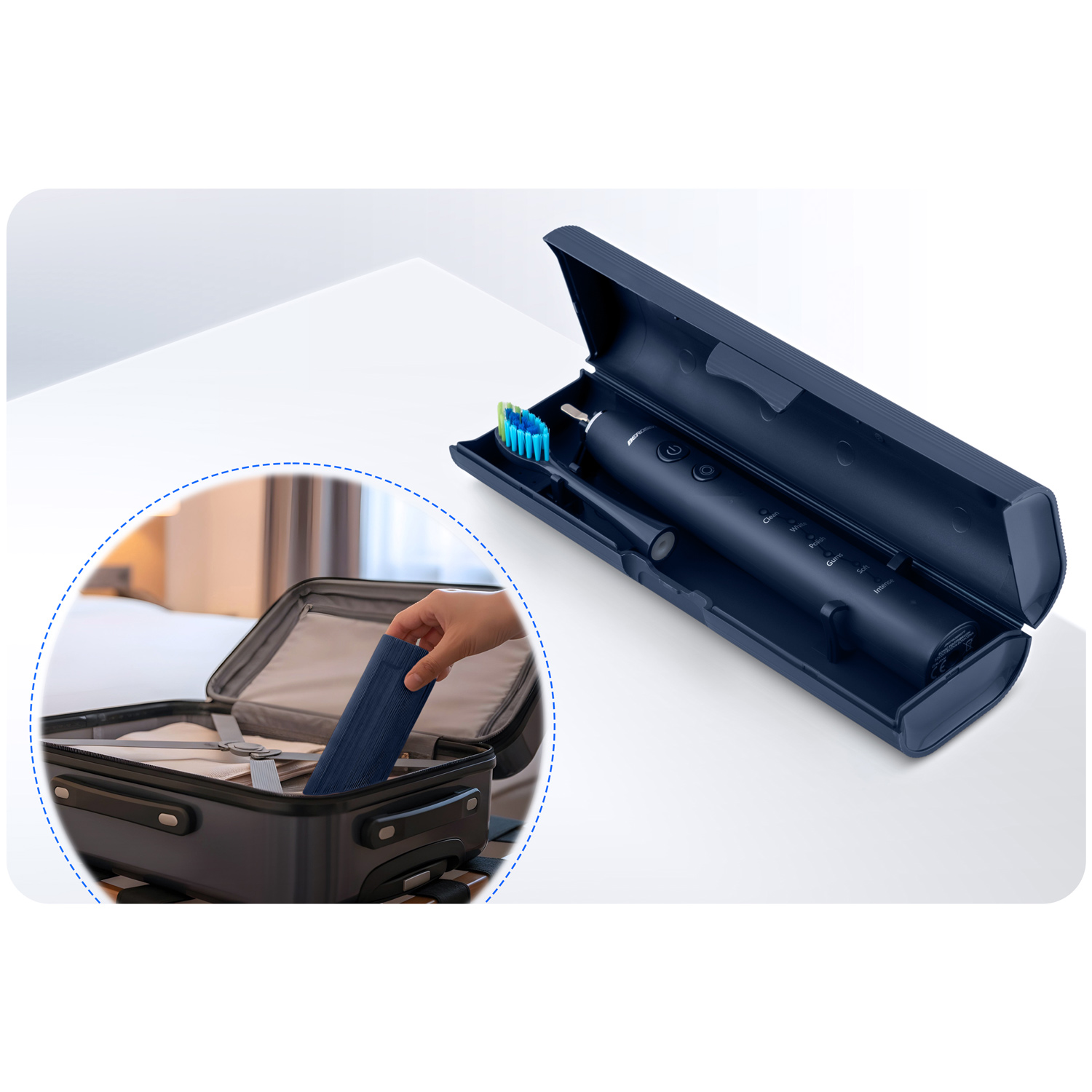 Otwarta walizka z dłonią wkładającą niebieskie etui. Szczoteczka i etui na białej powierzchni.