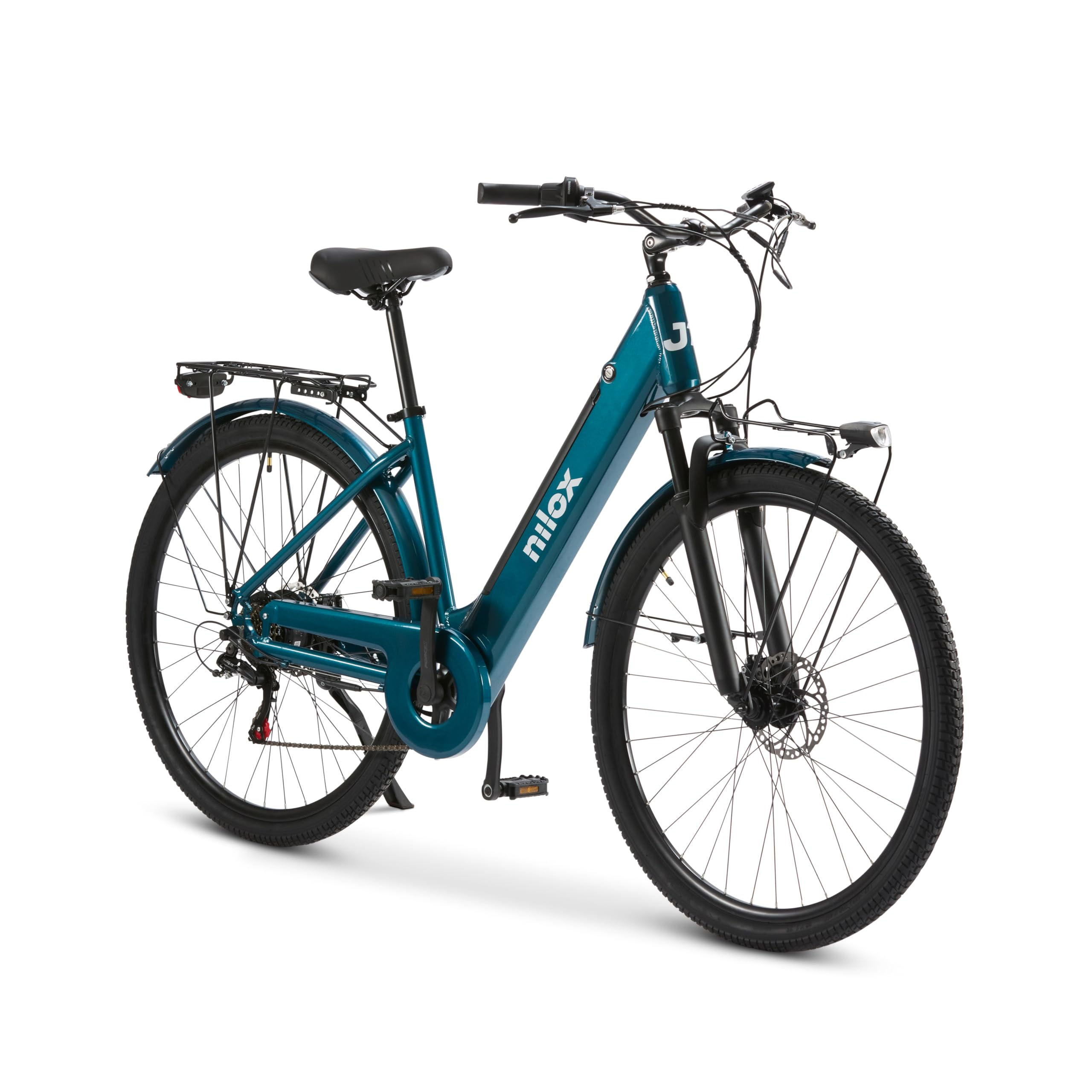Turkusowy rower elektryczny na białym tle. Ma czarne opony i bagażnik. Widoczna jest nazwa marki "nilox".