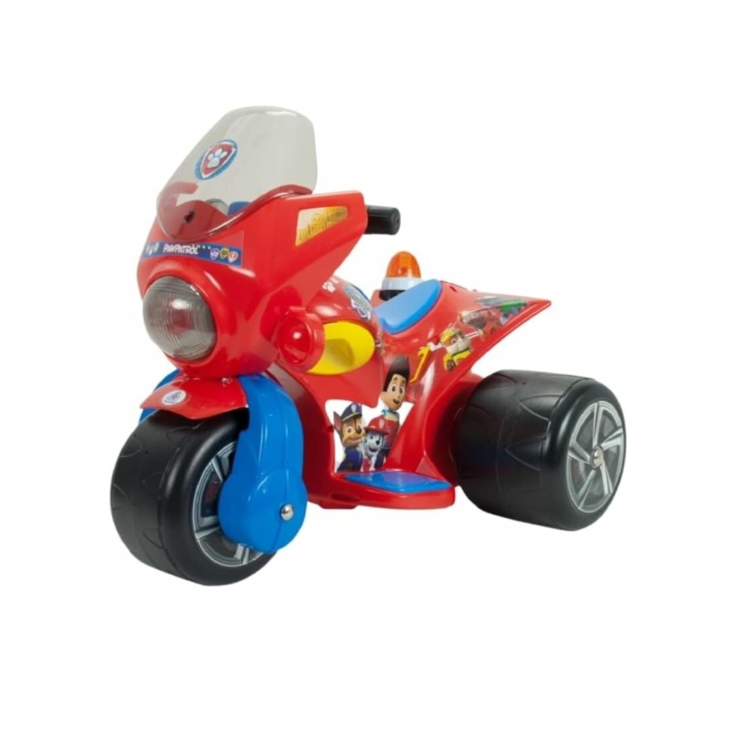 Una moto de juguete roja de Paw Patrol con tres ruedas. Tiene parabrisas y personajes de Paw Patrol.