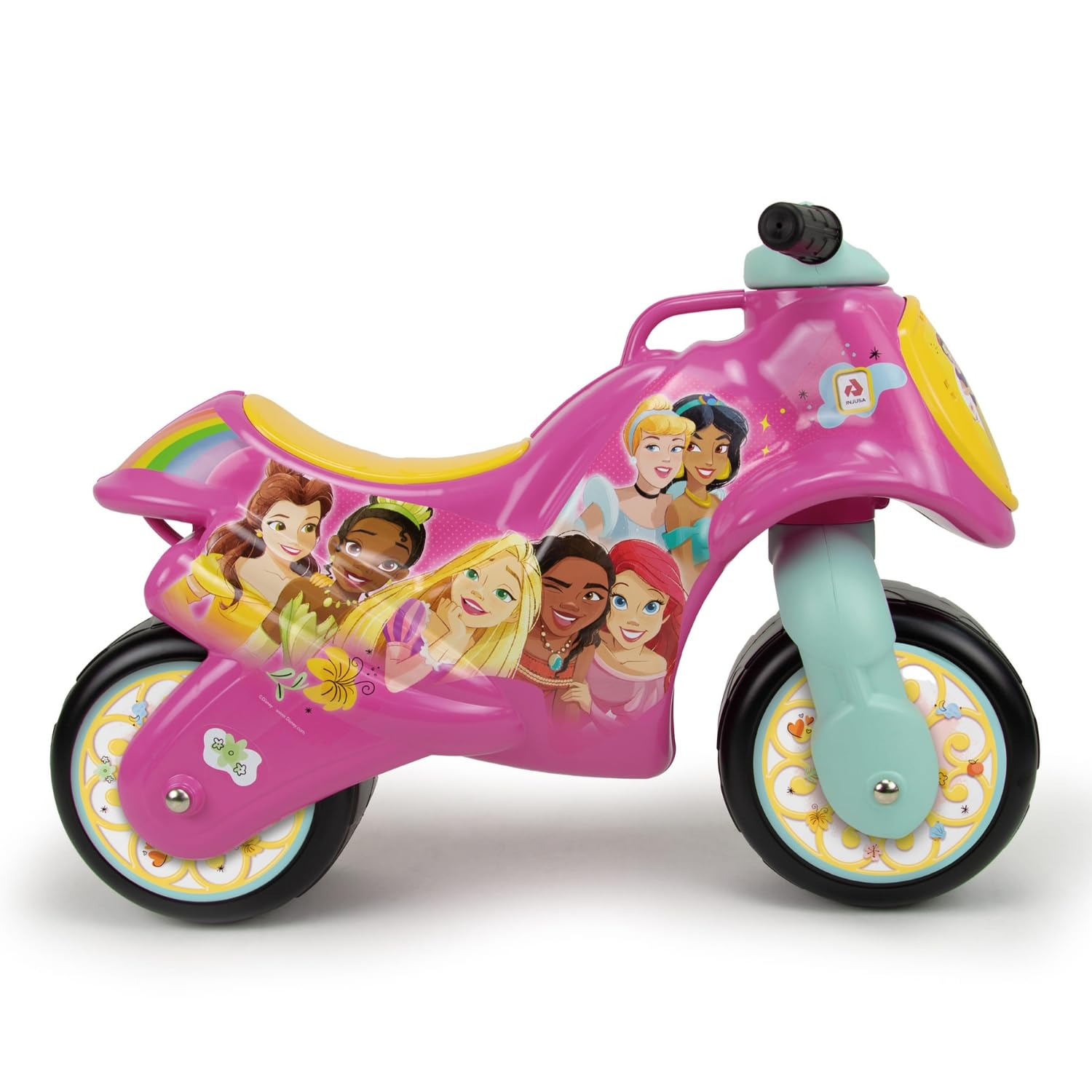 Motocicleta de juguete rosa con princesas de Disney. Incluye asiento amarillo, ruedas celeste, detalles de arcoíris y flores.