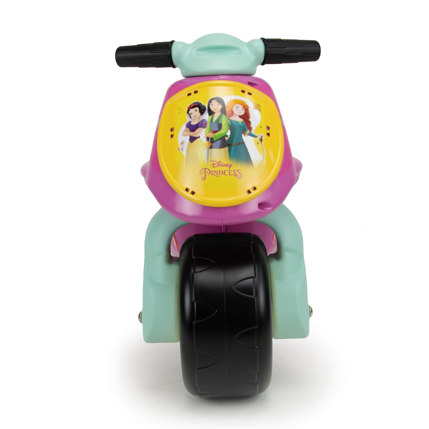 Un scooter rosa y verde azulado de Disney Princess. La parte delantera tiene un emblema amarillo con tres princesas. La rueda es negra.