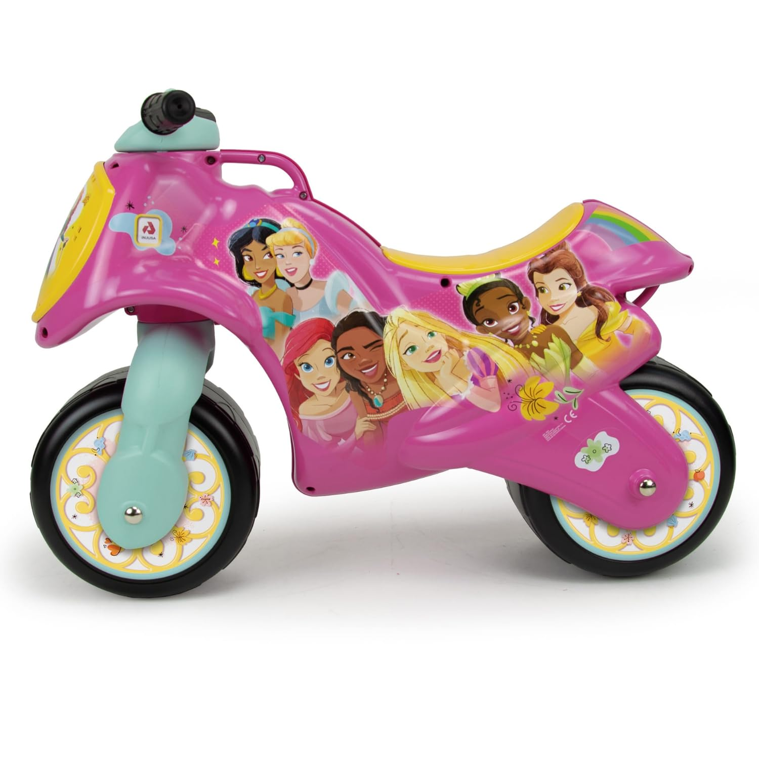 Motocicleta de juguete rosa con princesas Disney. Incluye ruedas, asiento, manillar y gráficos de princesas.