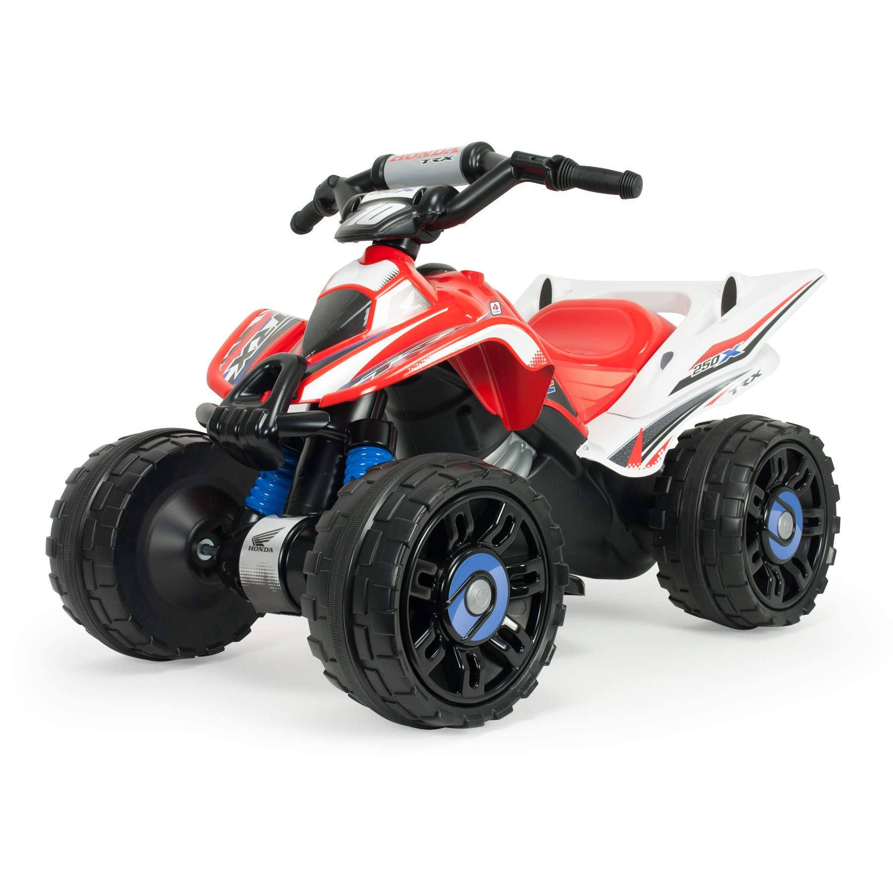 Un juguete ATV Honda TRX 250X rojo y blanco con ruedas negras, manillar y asiento rojo sobre fondo blanco.