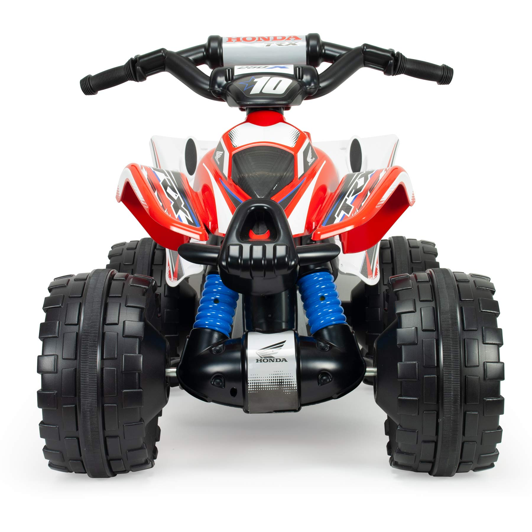 Un juguete ATV Honda TRX 250X rojo, blanco y negro, con ruedas negras y suspensión azul.
