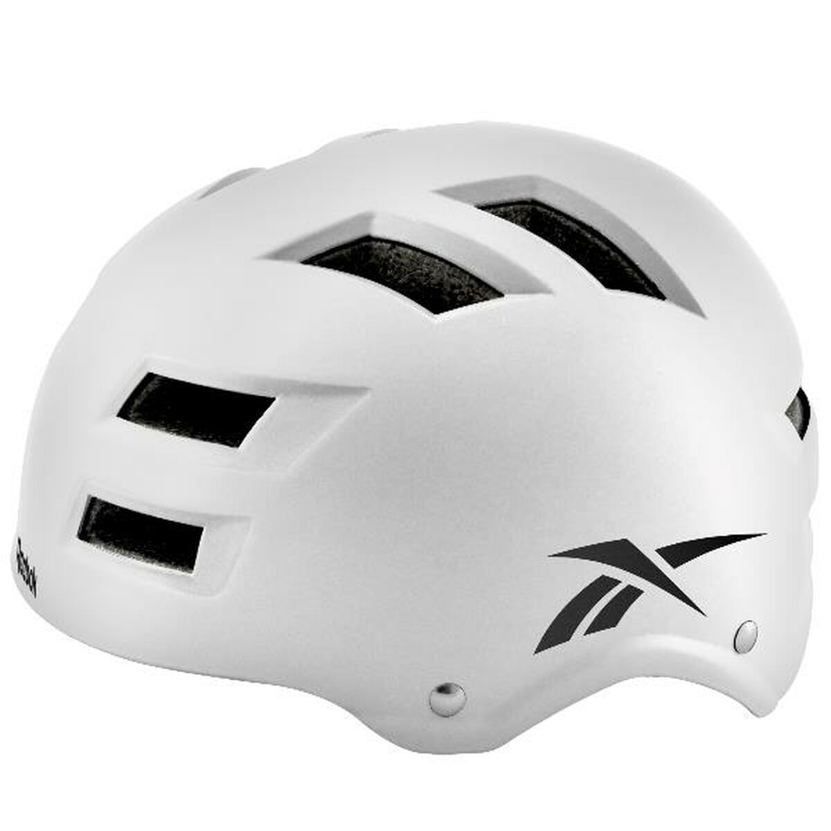 Casco Reebok blanco con ventilaciones y logotipo negros. El casco está diseñado para la seguridad y protección.
