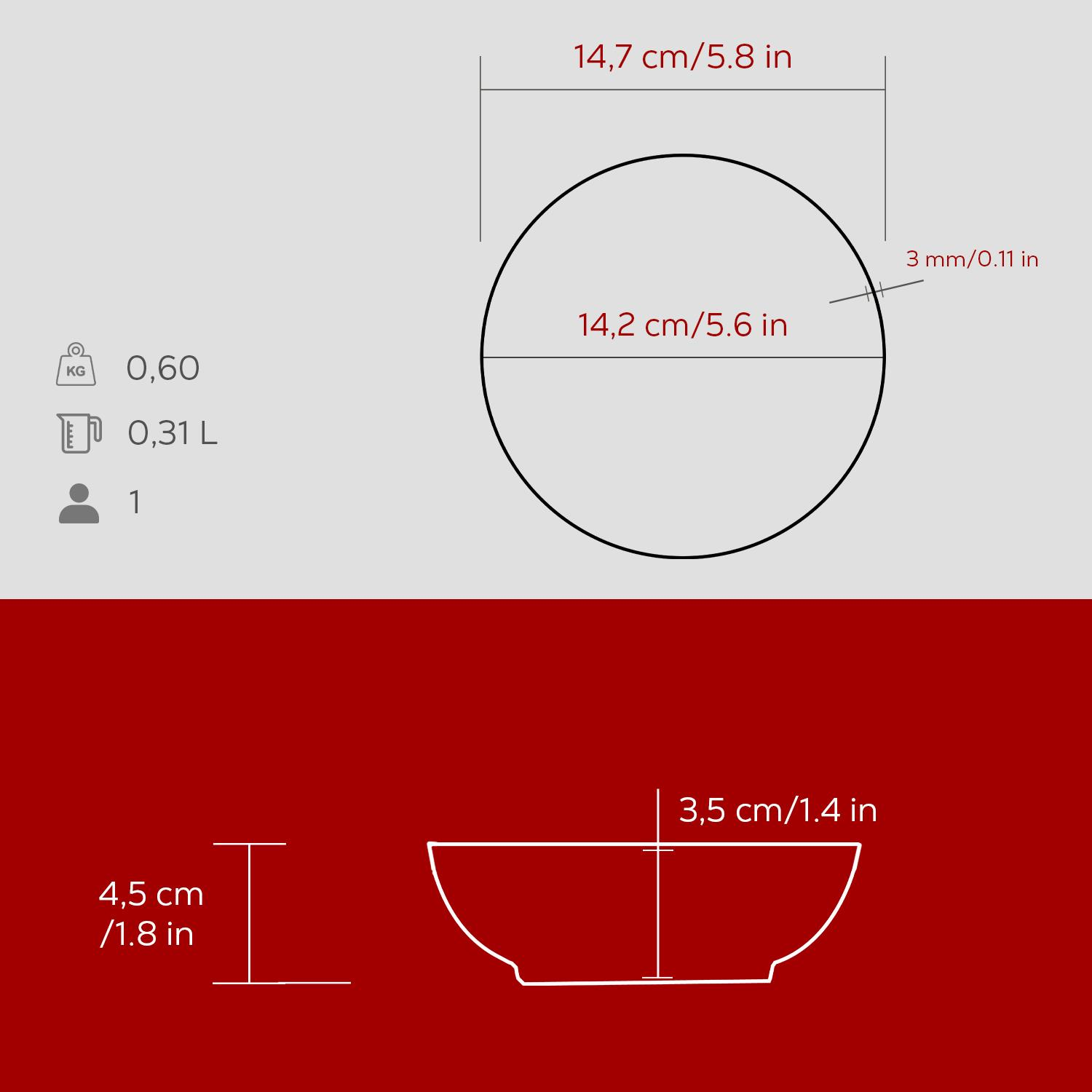 Boyutları ve kapasitesi gösteren bir kase diyagramı. Cm ve inç cinsinden ölçümleri içerir. Ağırlık 0,60 kg, kapasite 0,31 L ve 1 adet.