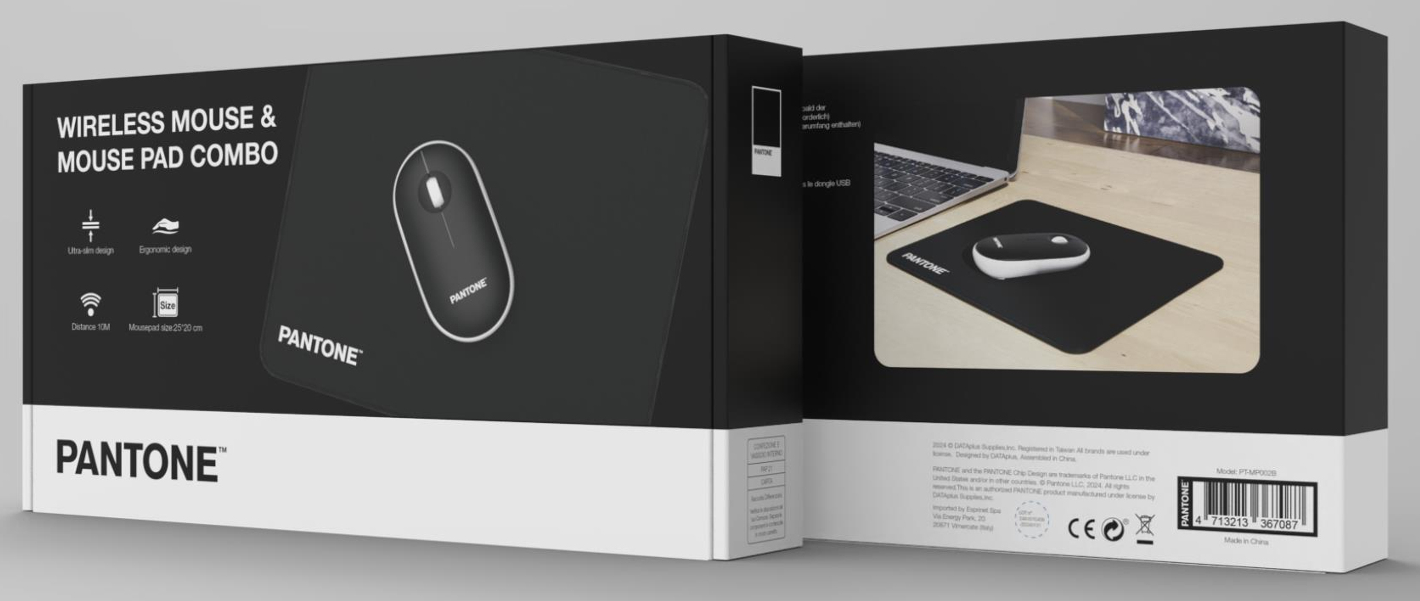 Un combo mouse e tappetino Pantone wireless. La scatola mostra il mouse e il tappetino su una scrivania.