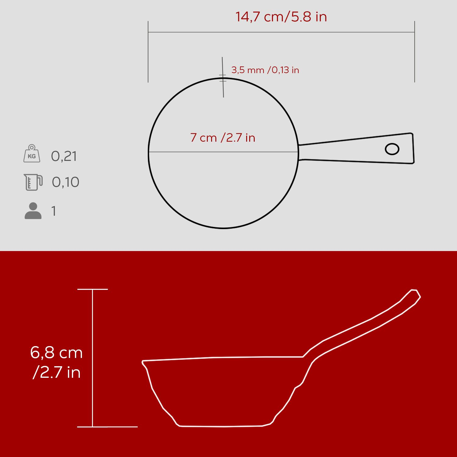 Bir diyagram, boyutları ve ağırlığı olan bir tava gösterir. Ölçüler 14,7 cm, 7 cm ve 6,8 cm'dir. Ağırlık 0,21 kg'dır.
